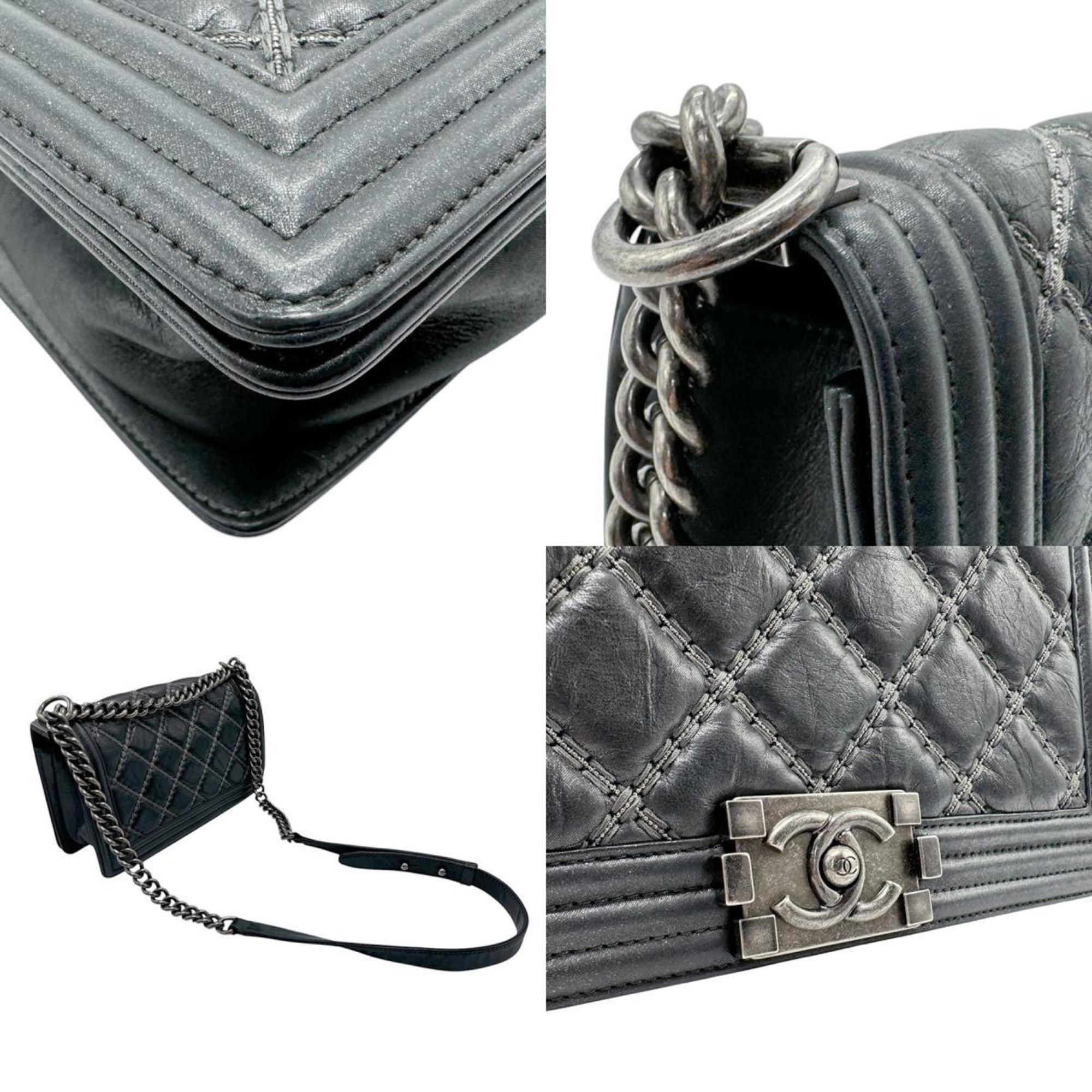 CHANEL Shoulder Bag Boy Chanel Leather Metal Silver Black Women's z2803