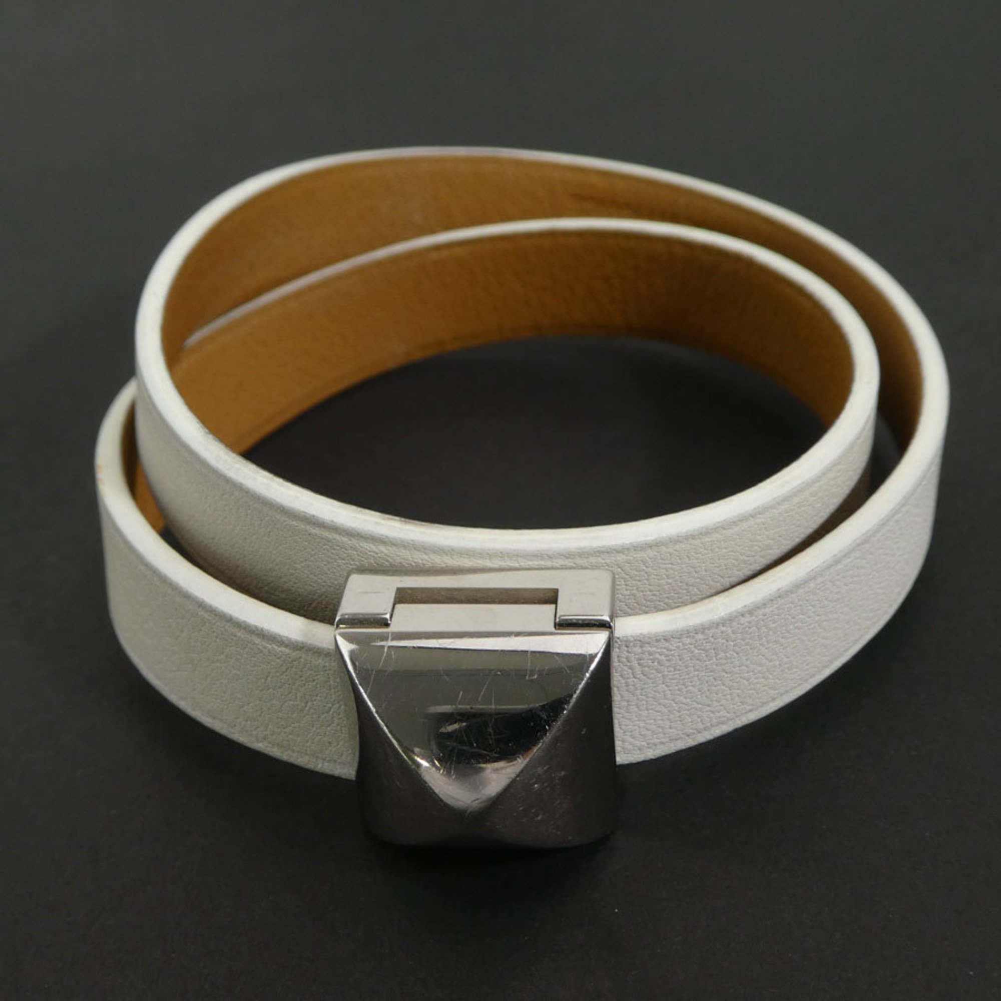 Hermes HERMES bracelet Medor leather metal off-white silver ladies e59550a