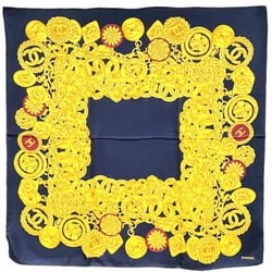 Chanel Scarf Muffler Coco Mark Chain Print Large Silk Navy Blue Yellow CHANEL CC Bandana Women's TW-13704