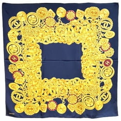 Chanel Scarf Muffler Coco Mark Chain Print Large Silk Navy Blue Yellow CHANEL CC Bandana Women's TW-13704