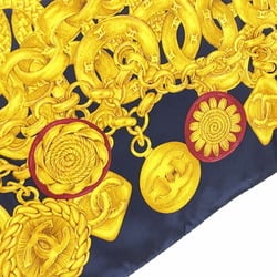 Chanel Scarf Muffler Coco Mark Chain Print Large Silk Navy Blue Yellow CHANEL CC Bandana Women's TW-13704