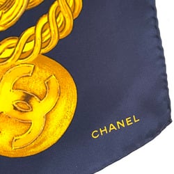 Chanel Scarf Muffler Coco Mark Chain Print Large Silk Navy Blue Yellow CHANEL CC Bandana Women's TW-13704