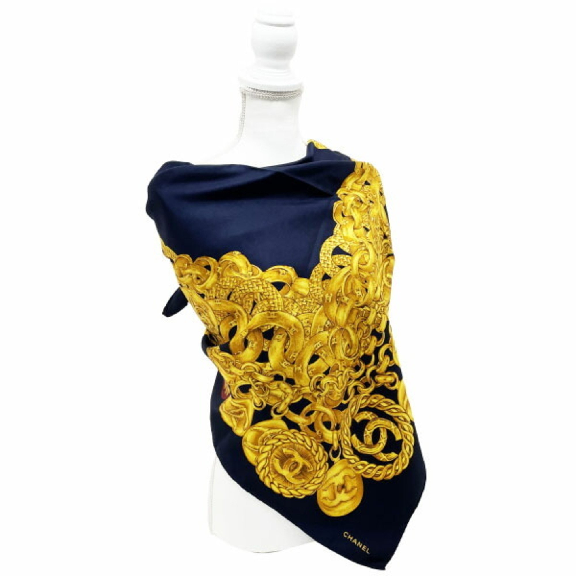 Chanel Scarf Muffler Coco Mark Chain Print Large Silk Navy Blue Yellow CHANEL CC Bandana Women's TW-13704