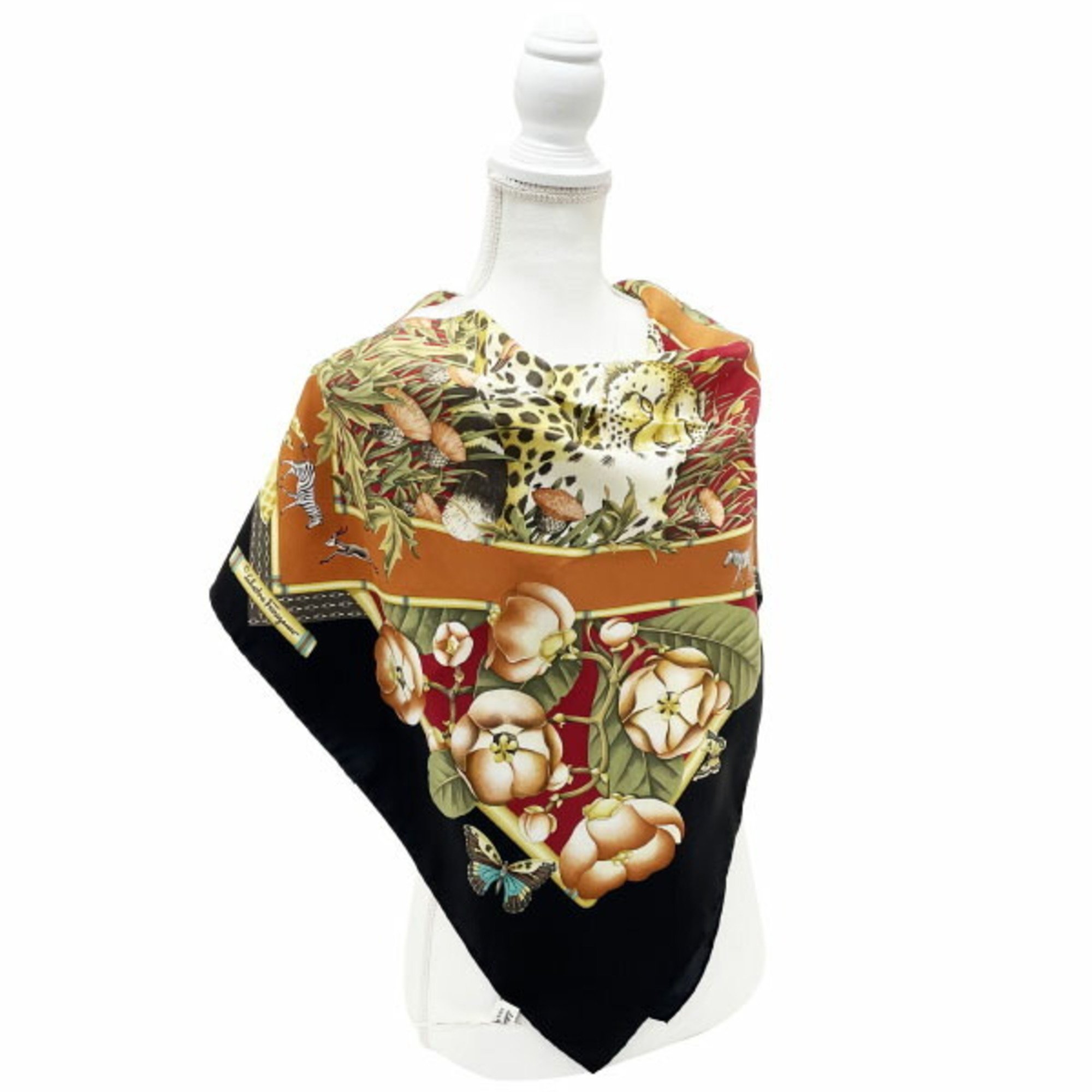 Salvatore Ferragamo Scarf Muffler Animal Print Large Silk Multicolor Black Leopard Bird Panda Flower Bandana KW-13707