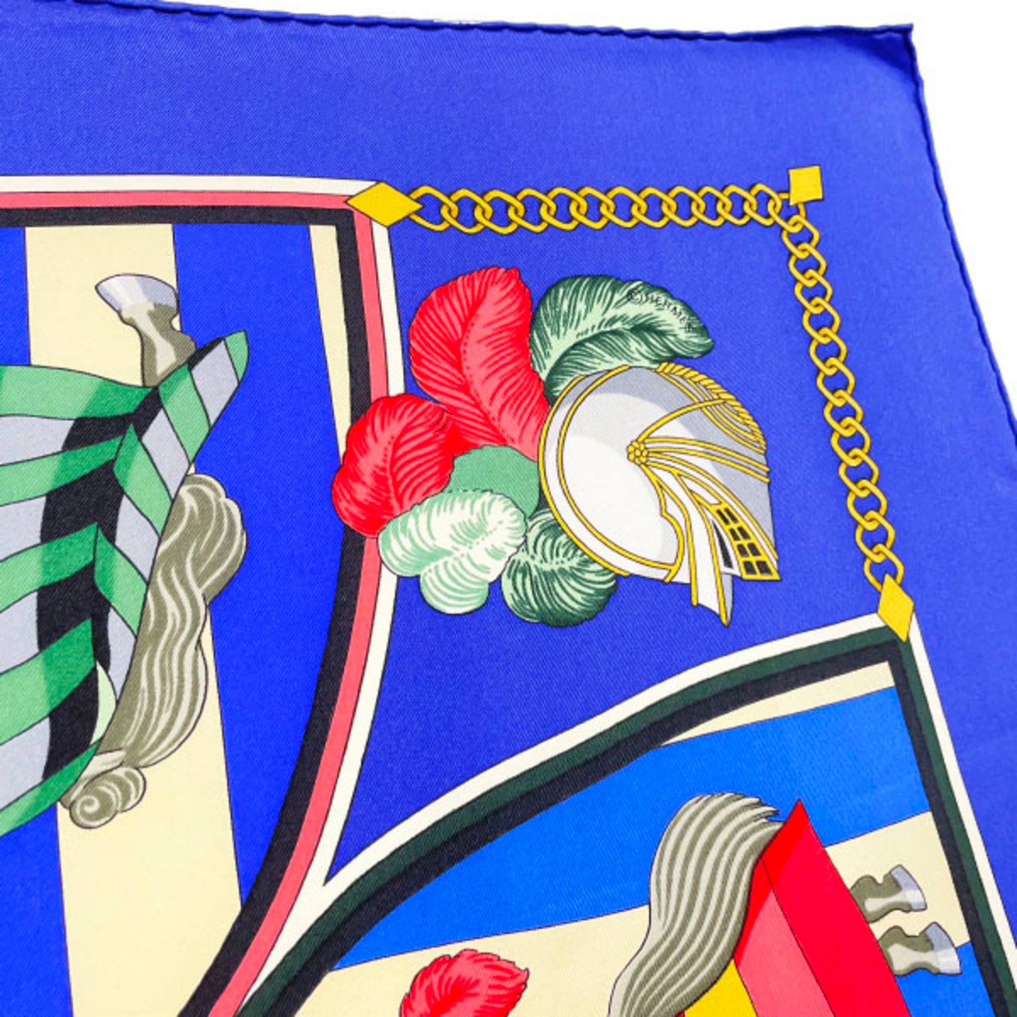 Hermes Scarf Muffler Carre 90 Silk Blue Multicolor HELMES CHOCS EN PLUMES Feather Clash Knight Large Stole Shawl Bandana Women's YW-13705