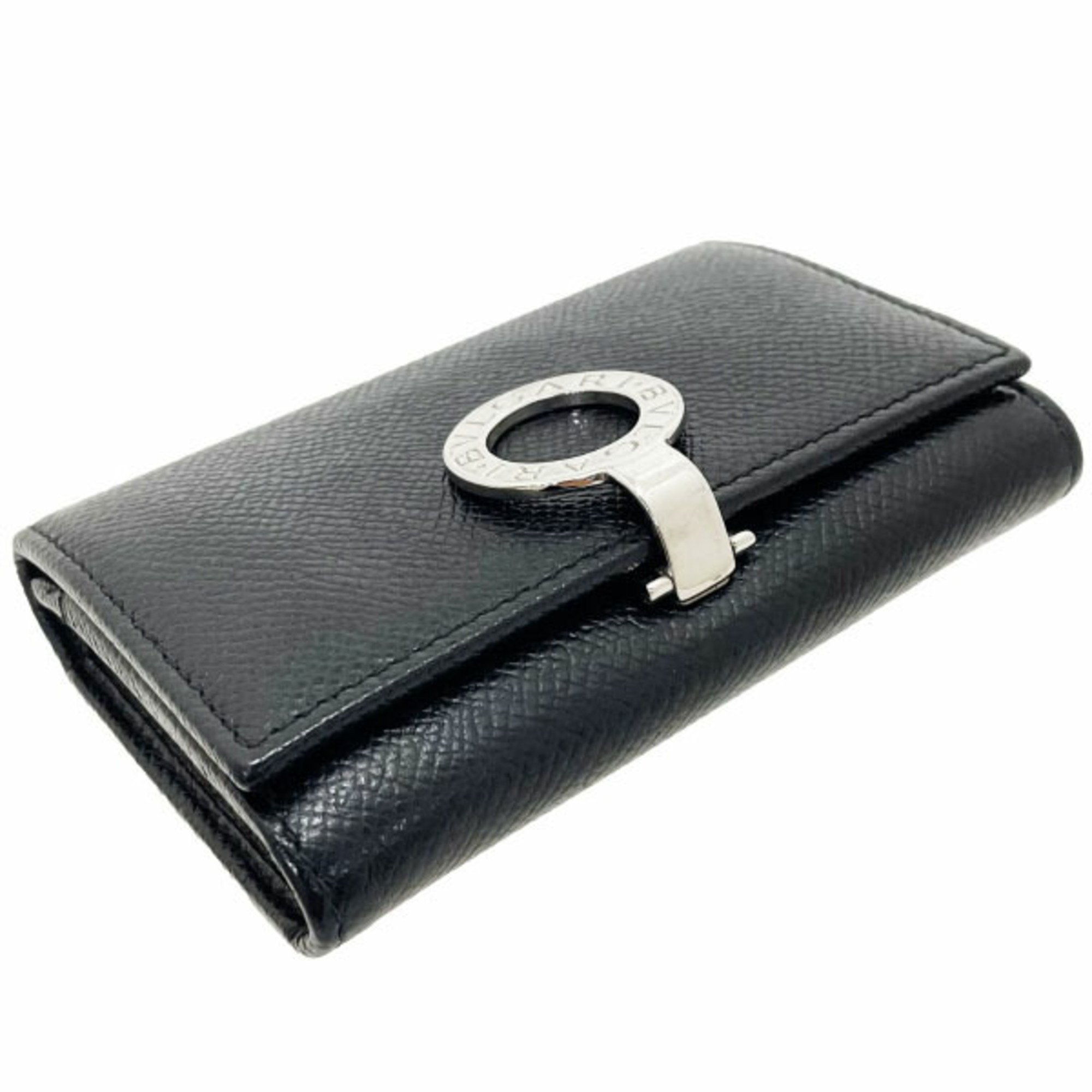 BVLGARI Card Case Clip Holder Grain Leather Black 30420 Business Men's HH-13770