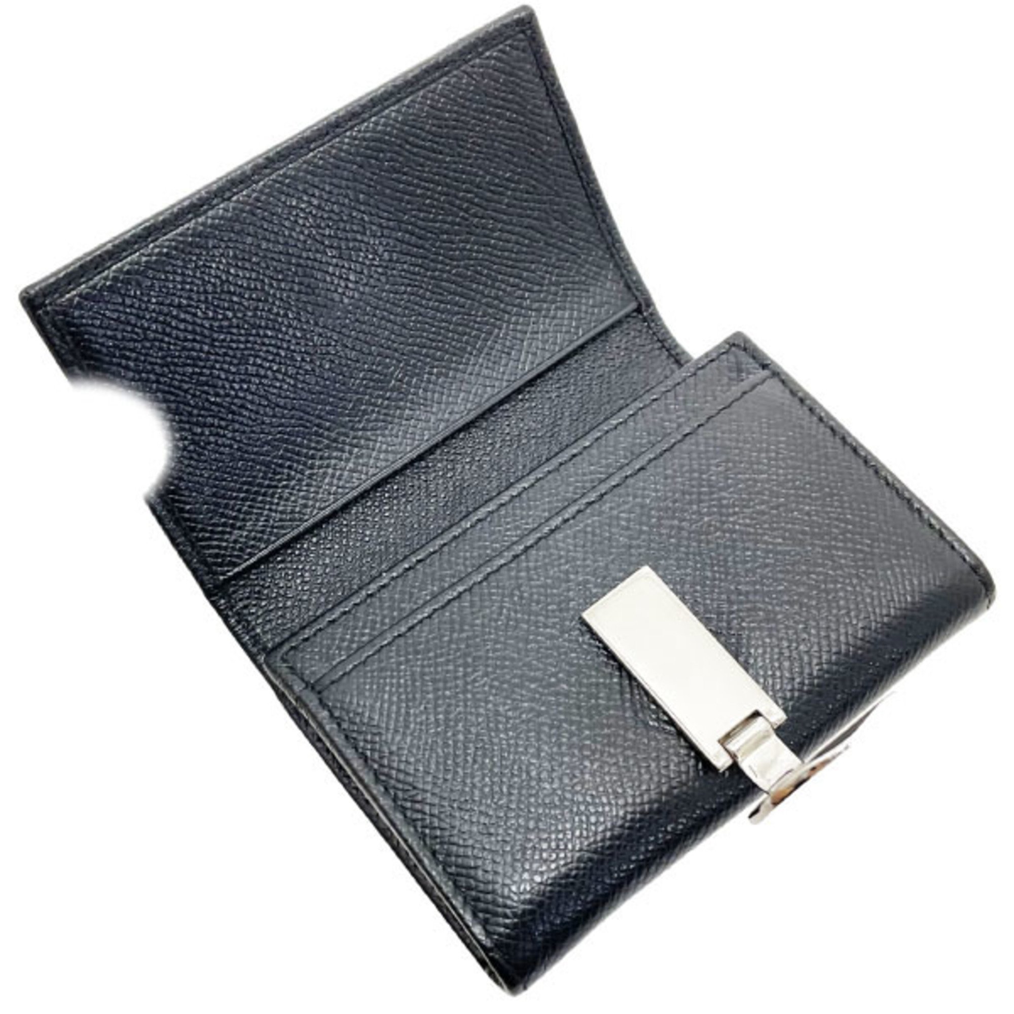 BVLGARI Card Case Clip Holder Grain Leather Black 30420 Business Men's HH-13770