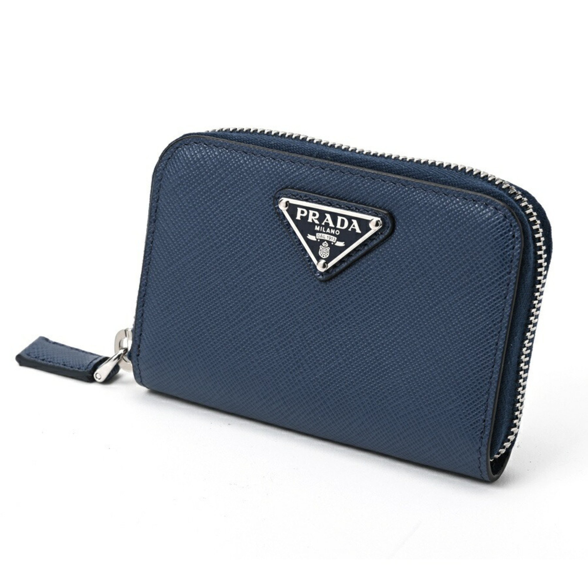 PRADA Saffiano Triangle Coin Case Zip Purse 2MM003 Leather Bluette (Blue) S-156875