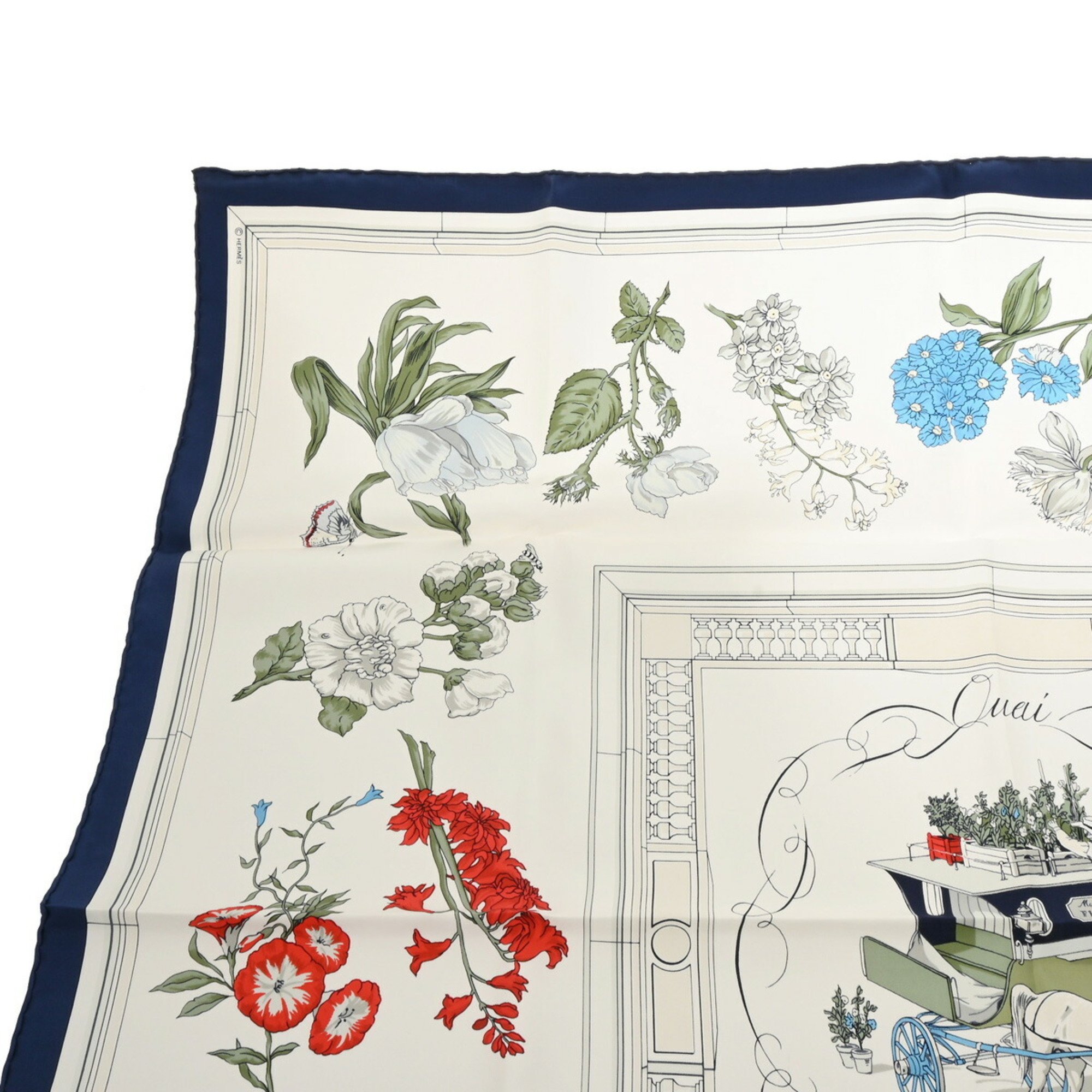 HERMES Carré 90 Quai aux Fleurs Flowering Coastline Ivory/Navy/Multicolor Women's 100% Silk Scarf Muffler