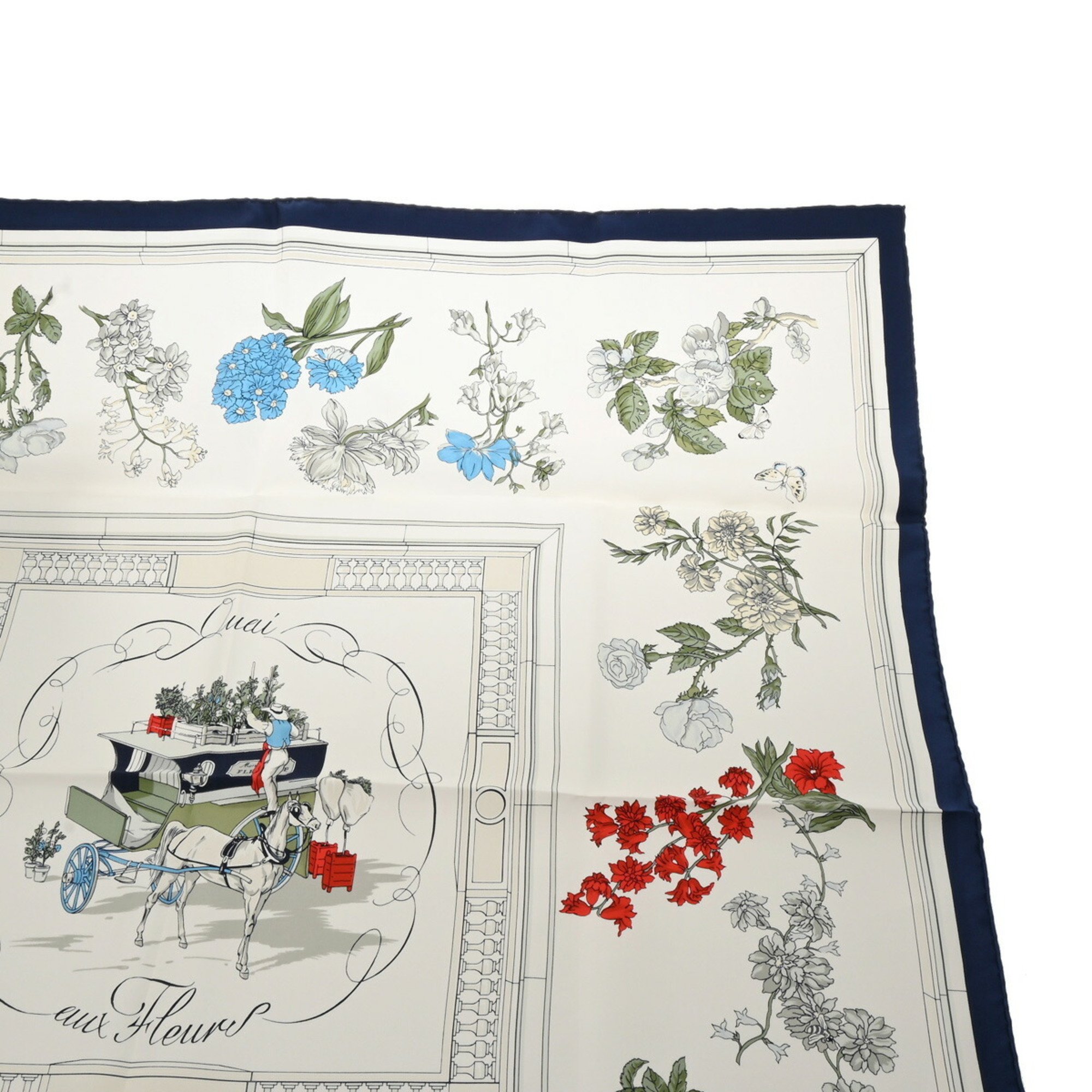 HERMES Carré 90 Quai aux Fleurs Flowering Coastline Ivory/Navy/Multicolor Women's 100% Silk Scarf Muffler