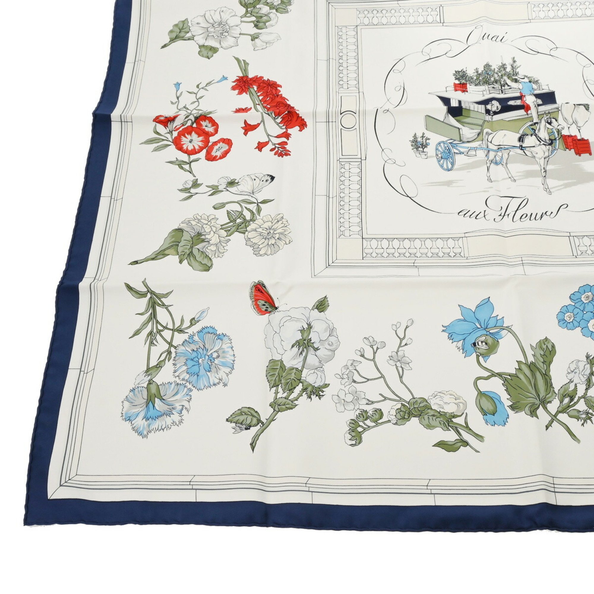 HERMES Carré 90 Quai aux Fleurs Flowering Coastline Ivory/Navy/Multicolor Women's 100% Silk Scarf Muffler