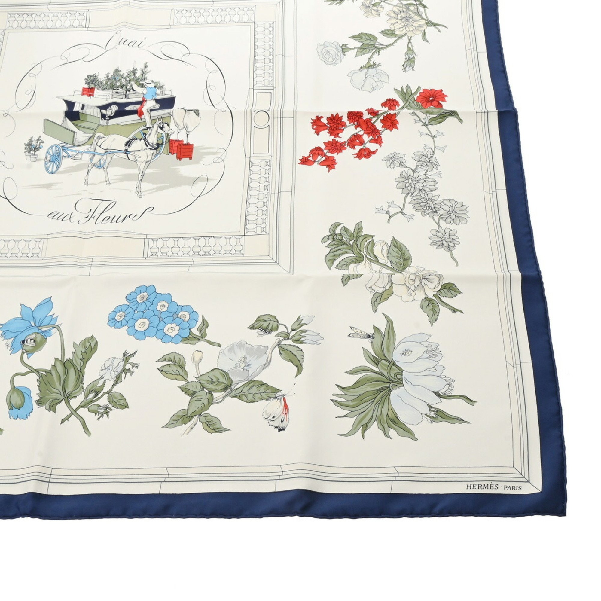 HERMES Carré 90 Quai aux Fleurs Flowering Coastline Ivory/Navy/Multicolor Women's 100% Silk Scarf Muffler