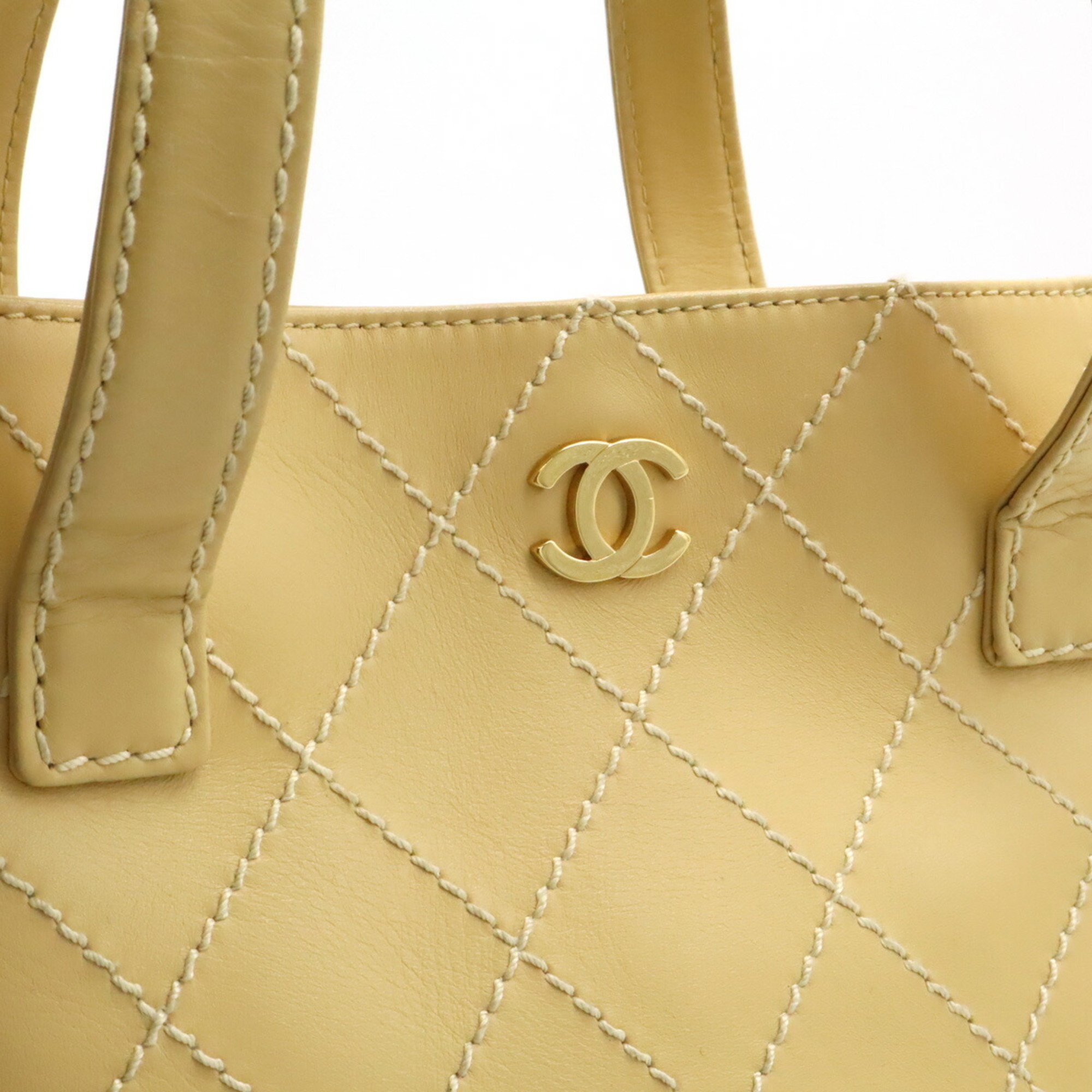 CHANEL Wild Stitch Coco Mark Handbag Tote Bag Leather Beige A18126