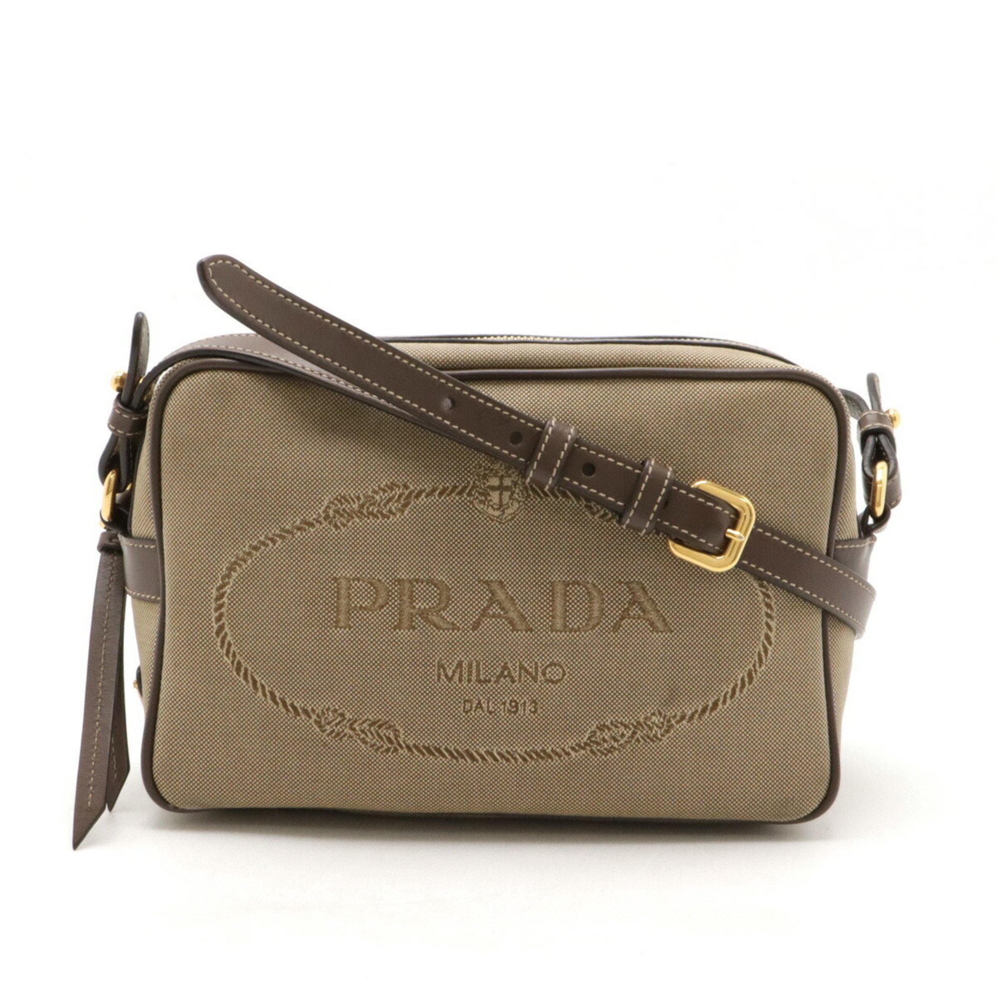 PRADA Prada Jacquard Shoulder Bag Canvas Leather CORDA Beige BRUCIA Brown 1BH089