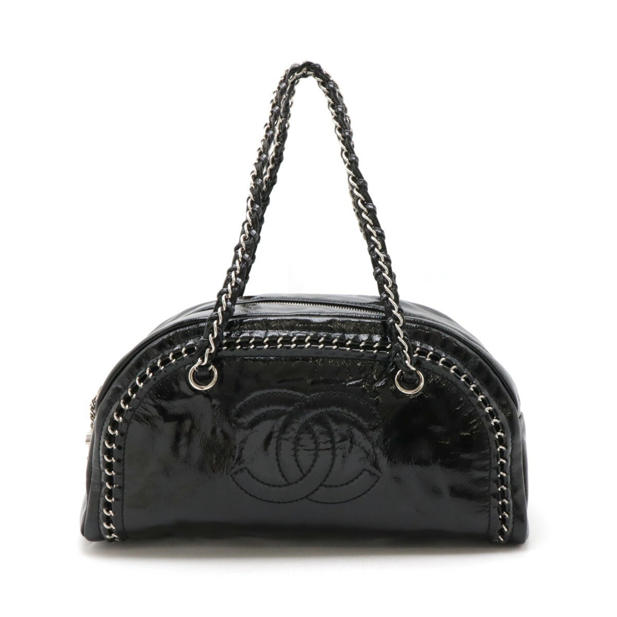 CHANEL Luxury Line Coco Mark Matelasse Bowling Bag Handbag Enamel Black A31575