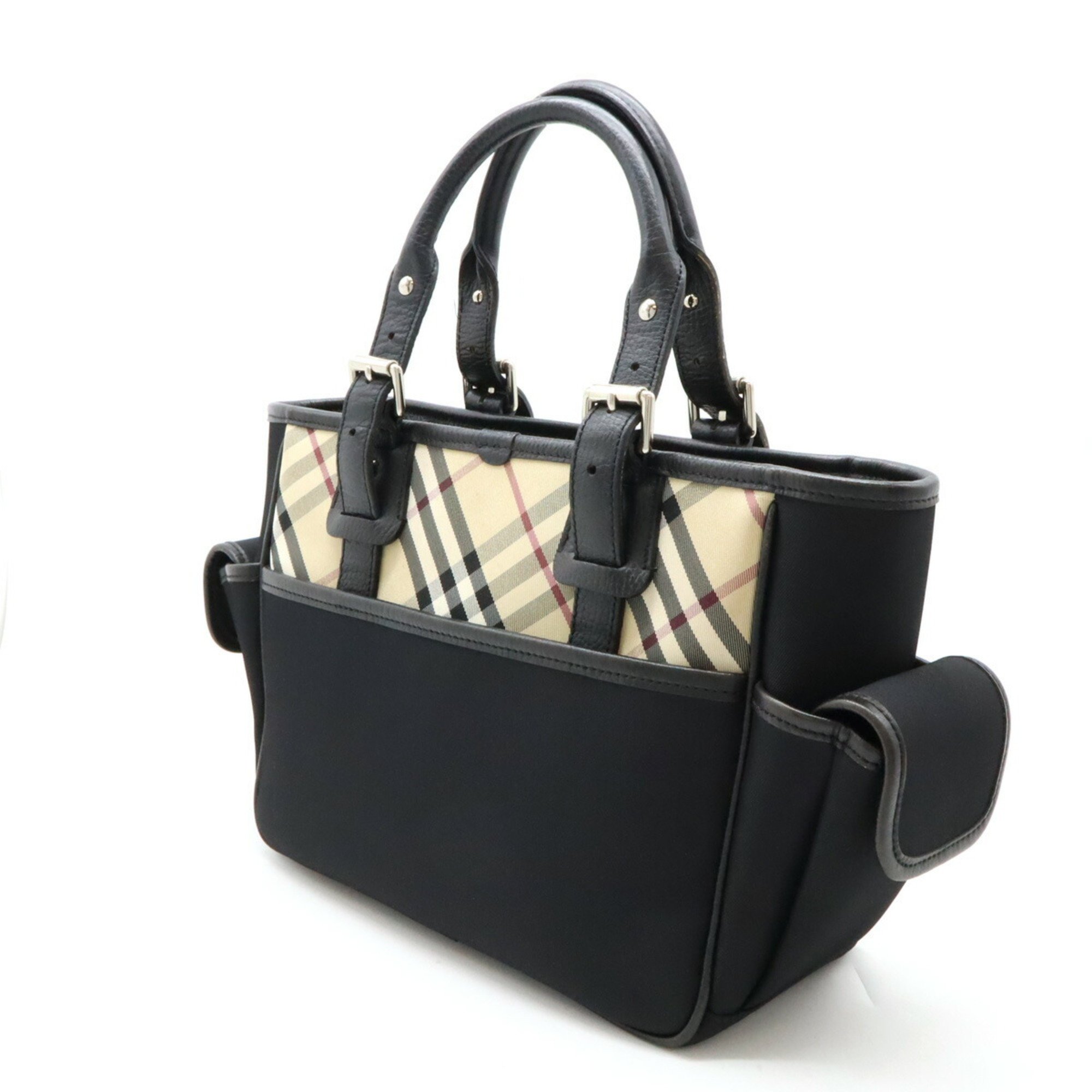 BURBERRY Nova Check Pattern Tote Bag Handbag Nylon Canvas Leather Black Beige