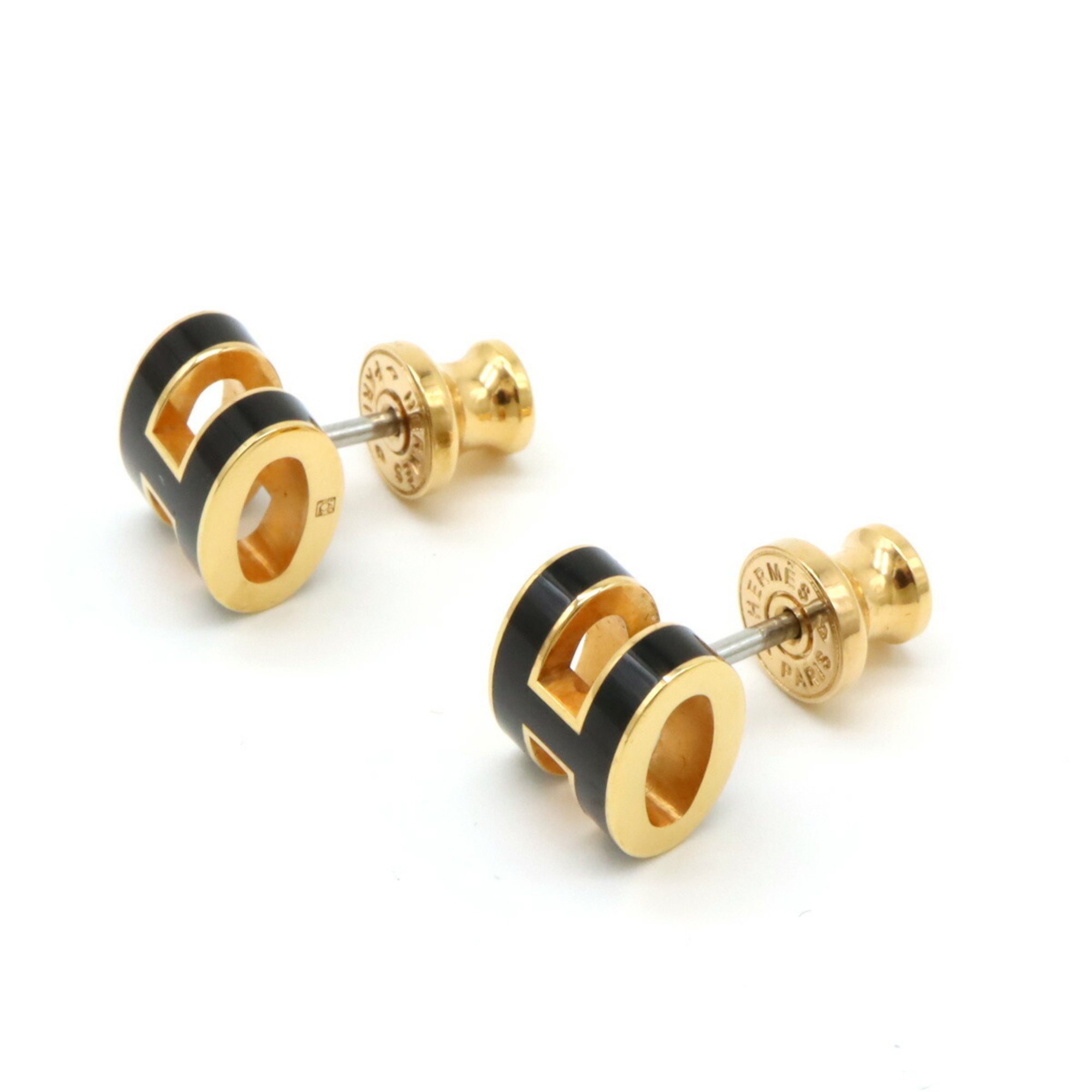 HERMES Pop Ash Earrings H GP Gold Plated Lacquer Black