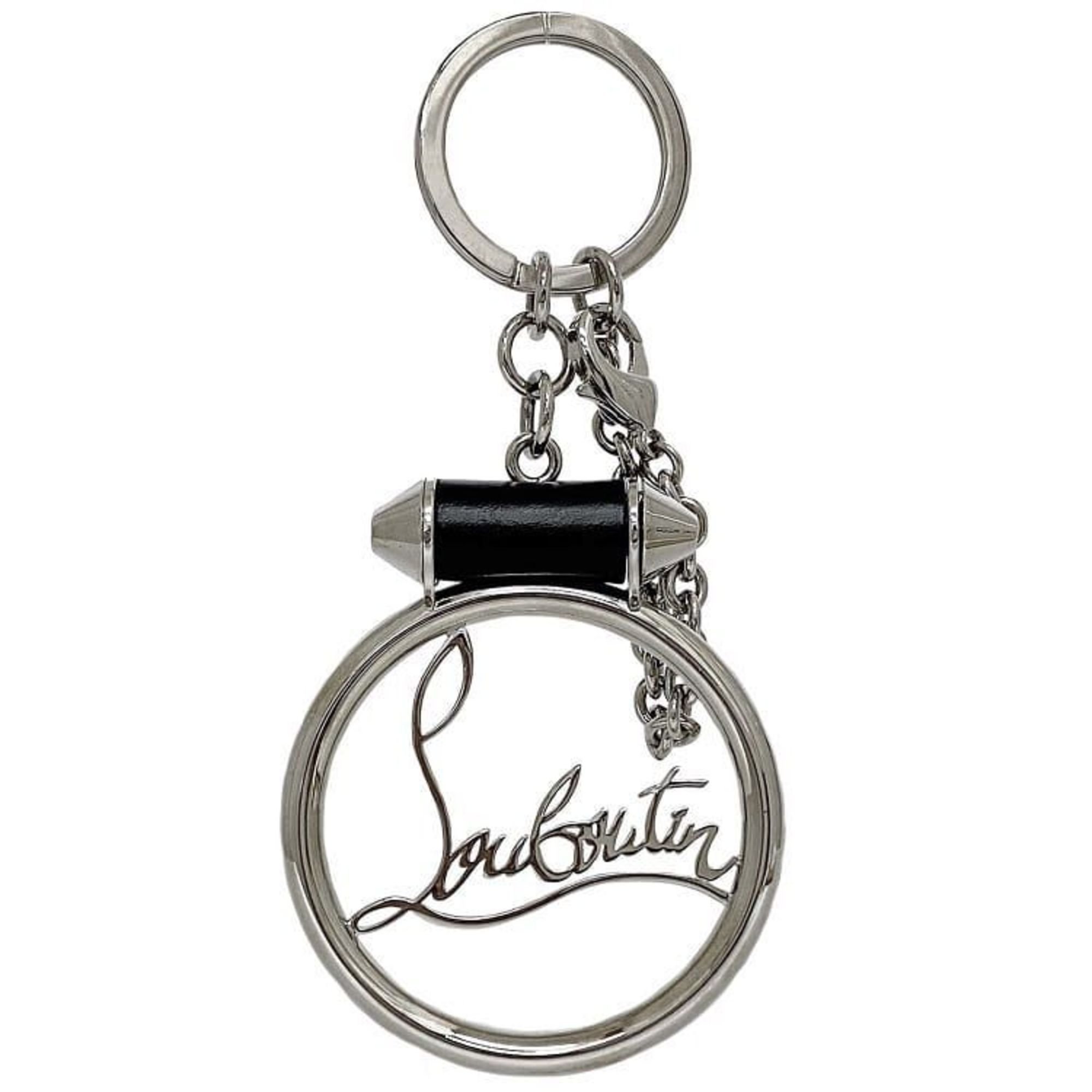 Christian Louboutin Keyring Silver Black Ruby ec-20576 Bag Charm Metal Leather Motif Chain Key Unisex