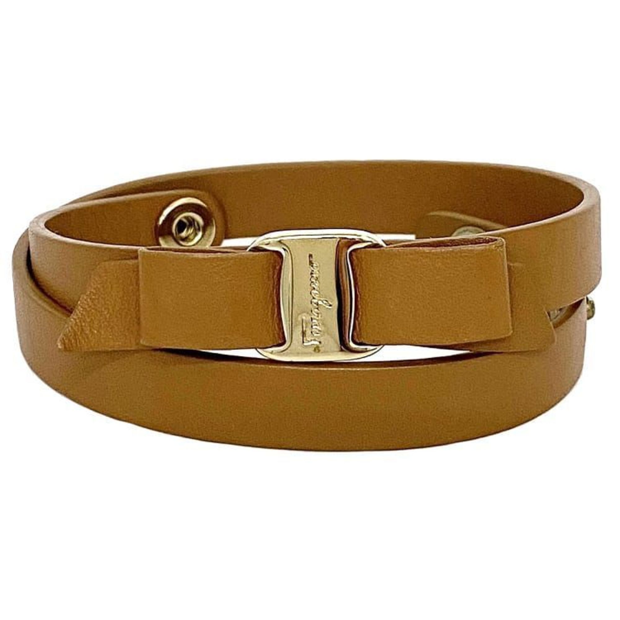 Salvatore Ferragamo Bracelet Brown Vara 76 2254 ec-20154 Ribbon Leather GP Double Strand Women's