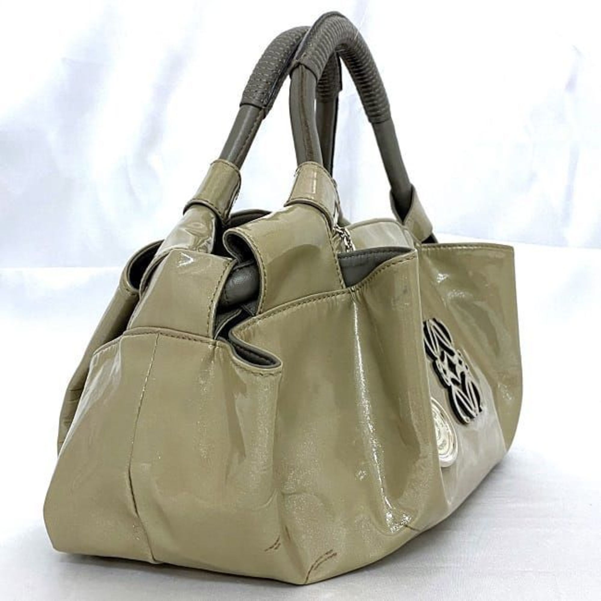 LOEWE Handbag Nappa Aire Beige Grey Anagram ec-20507 Patent Leather Enamel Women's