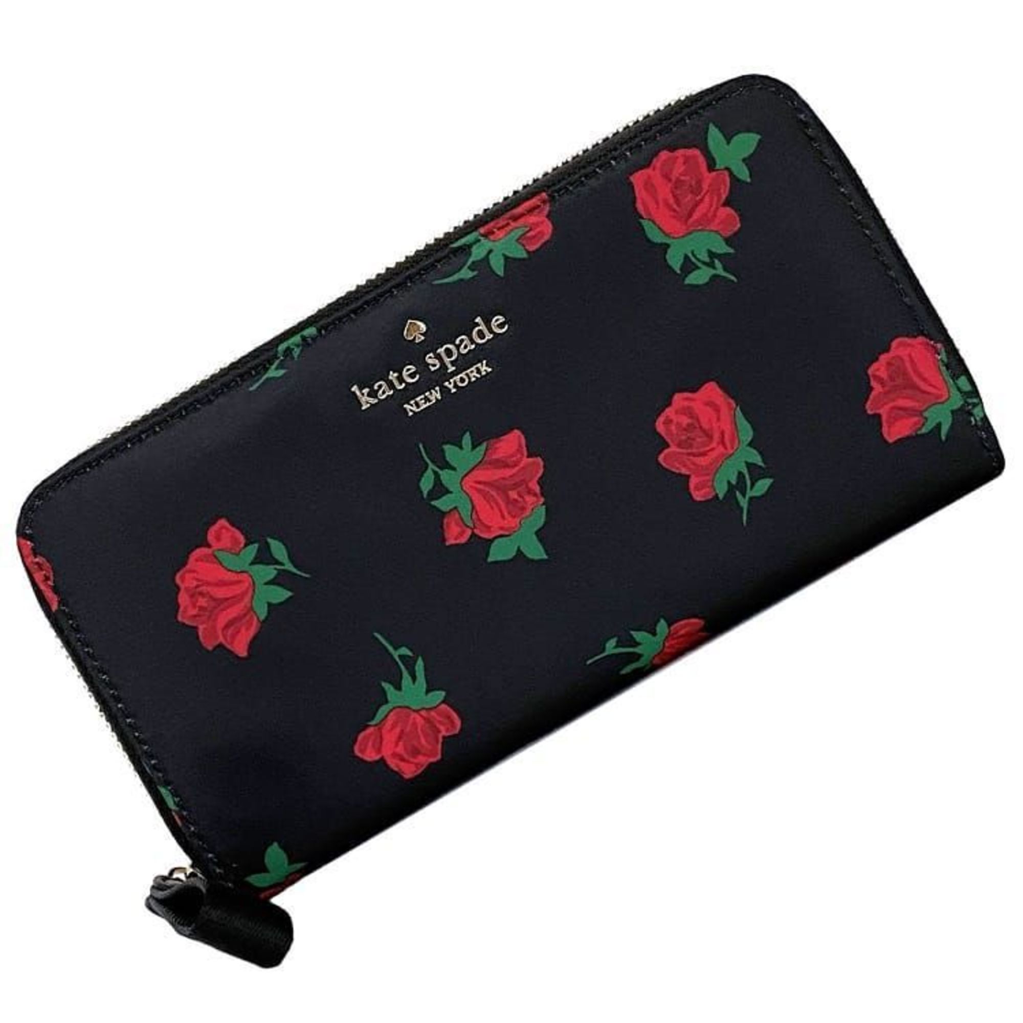 Kate Spade Round Long Wallet Black Red Rose KE639 ec-20057 Nylon Leather Women's