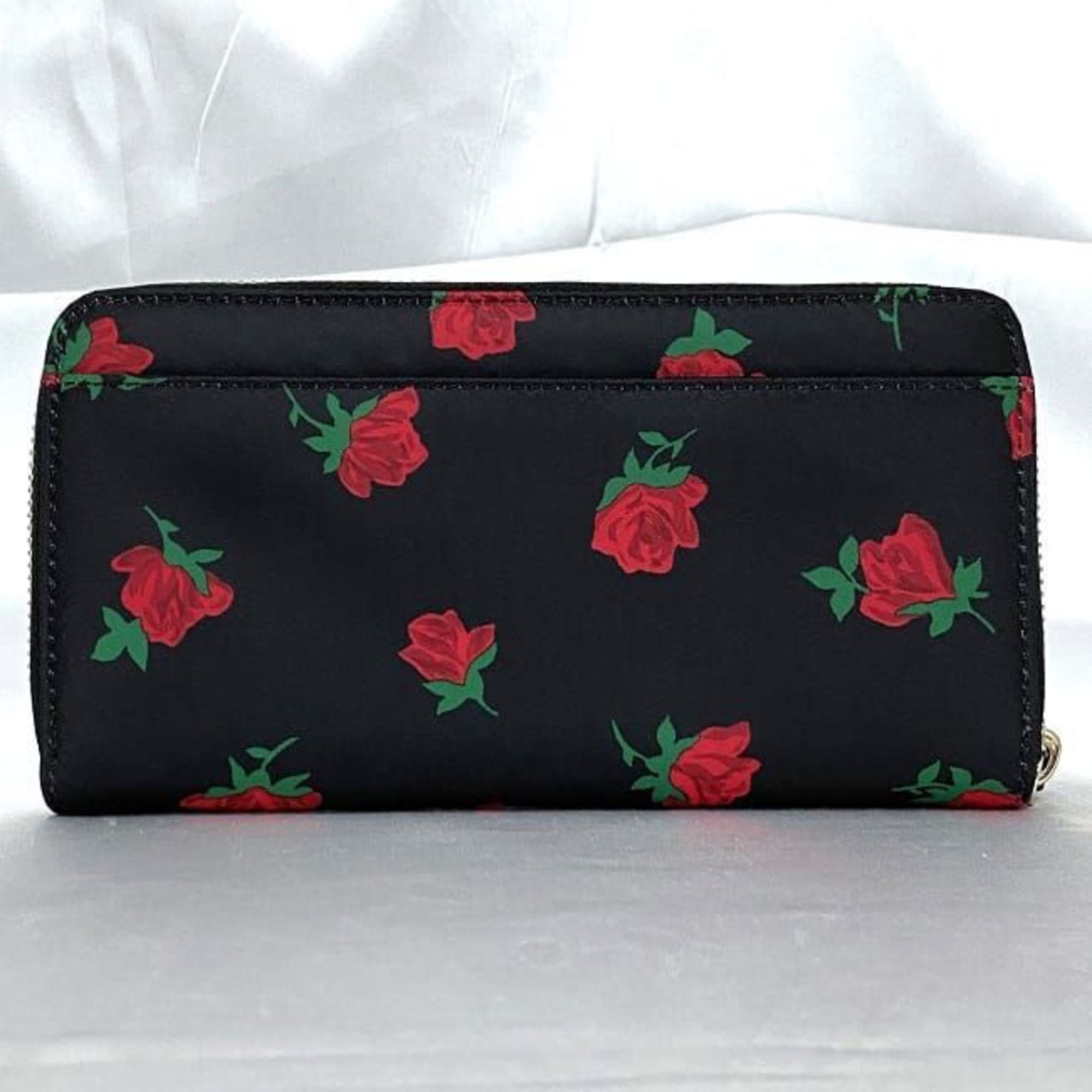 Kate Spade Round Long Wallet Black Red Rose KE639 ec-20057 Nylon Leather Women's