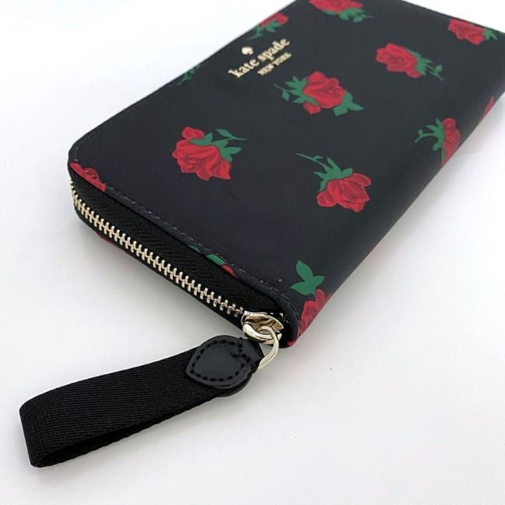 Kate Spade Round Long Wallet Black Red Rose KE639 ec-20057 Nylon Leather Women's