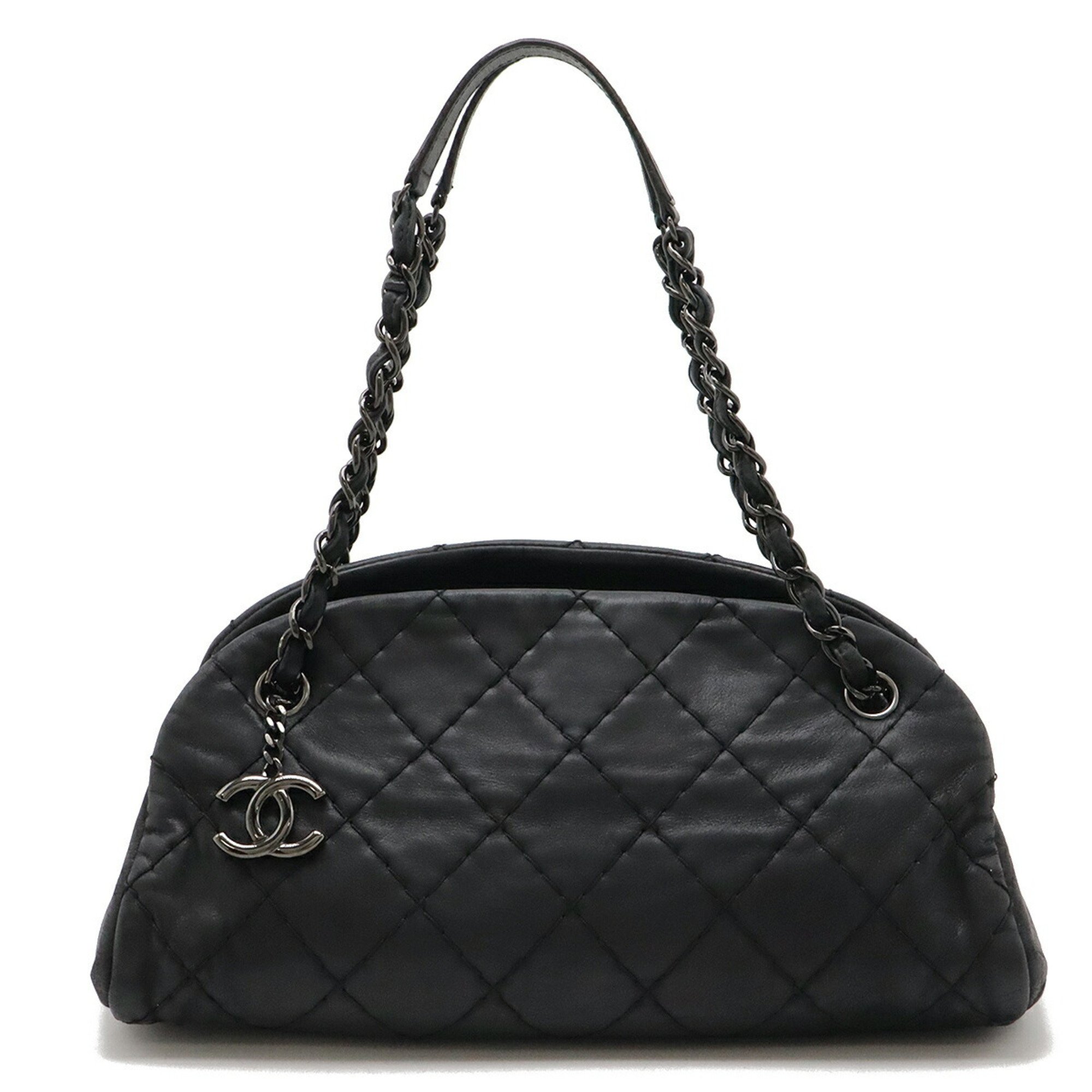 CHANEL Mademoiselle Matelasse Bowling Bag Shoulder Chain Sparkle Leather Black A50556