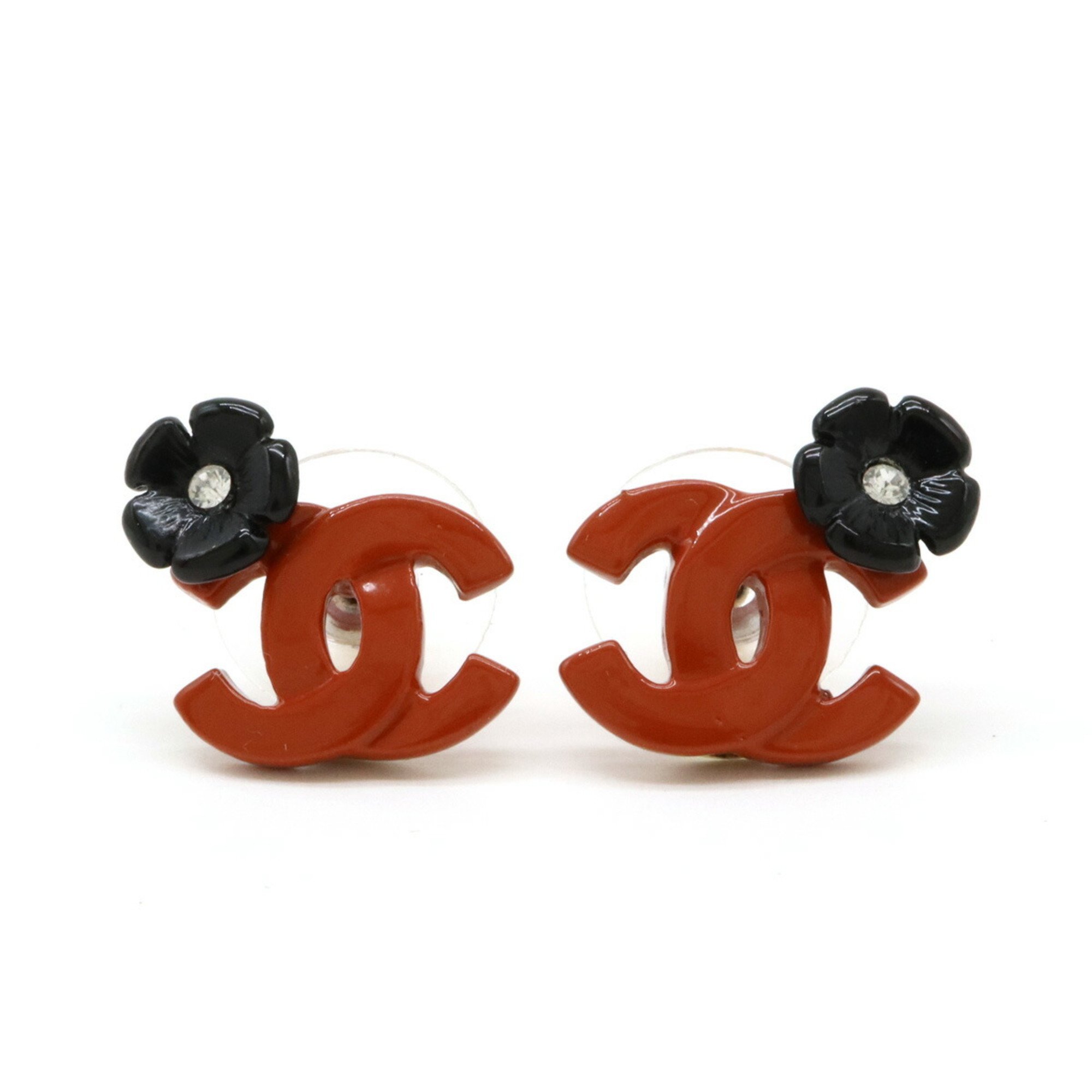 CHANEL Flower motif Coco mark earrings with rhinestones, red orange, black, GP, gold color, 04P A24621