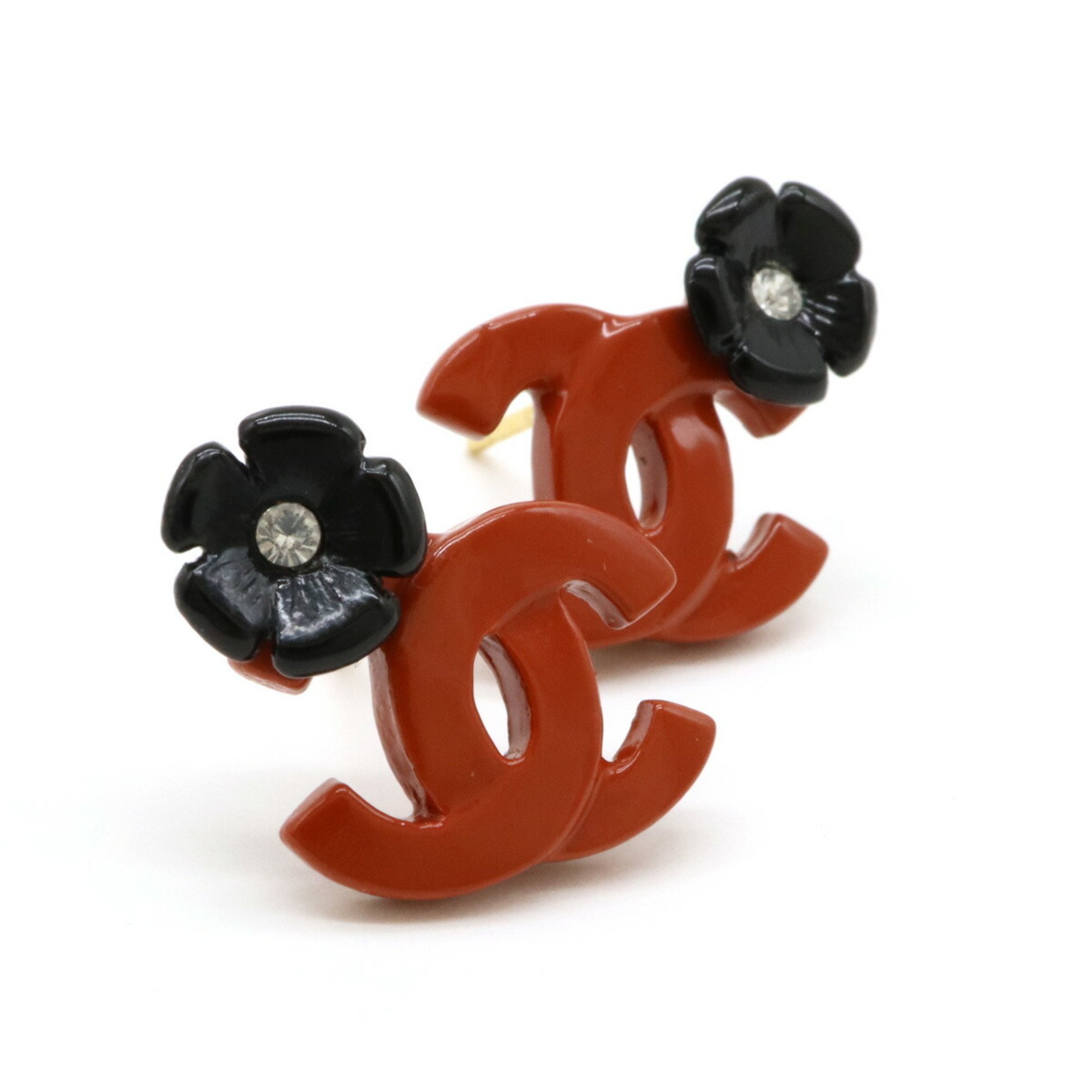 CHANEL Flower motif Coco mark earrings with rhinestones, red orange, black, GP, gold color, 04P A24621