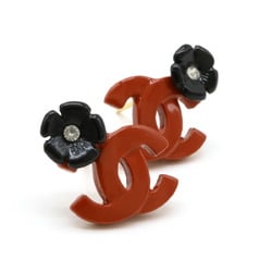 CHANEL Flower motif Coco mark earrings with rhinestones, red orange, black, GP, gold color, 04P A24621