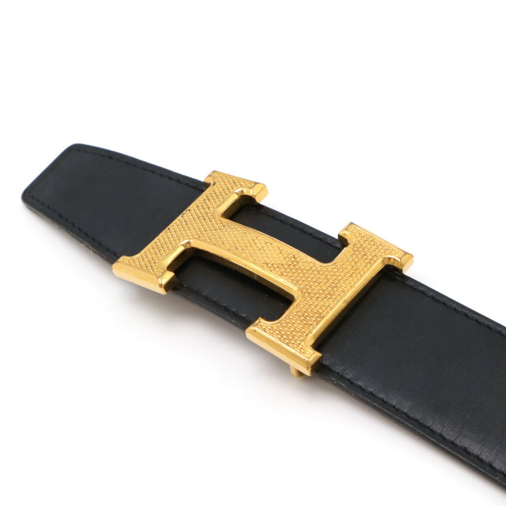 HERMES Hermes H Guilloché Constance Guilloche Belt Reversible Leather Black Brown #95 A Stamp