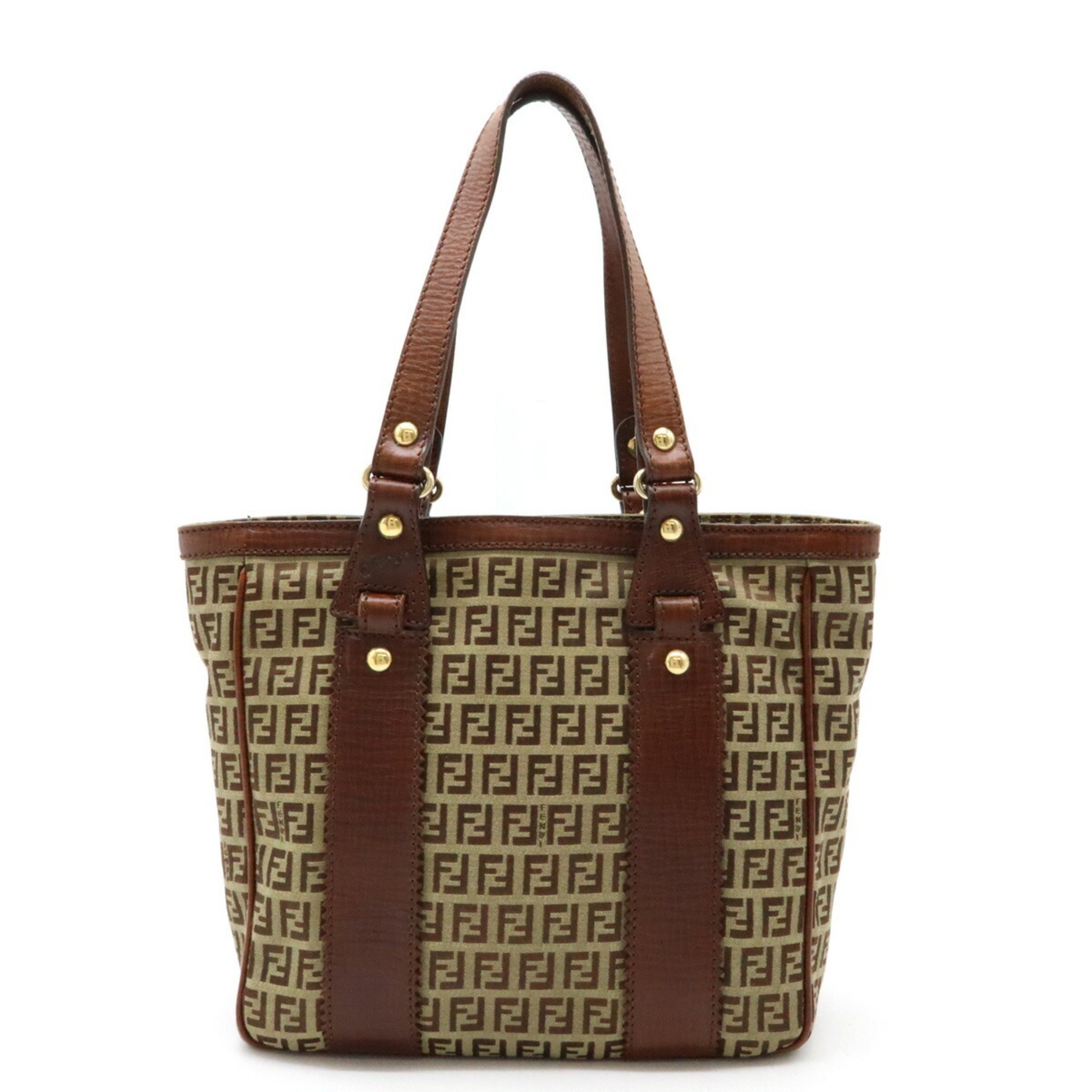 FENDI Zucchino Zucca pattern tote bag shoulder canvas leather beige brown 8BH161