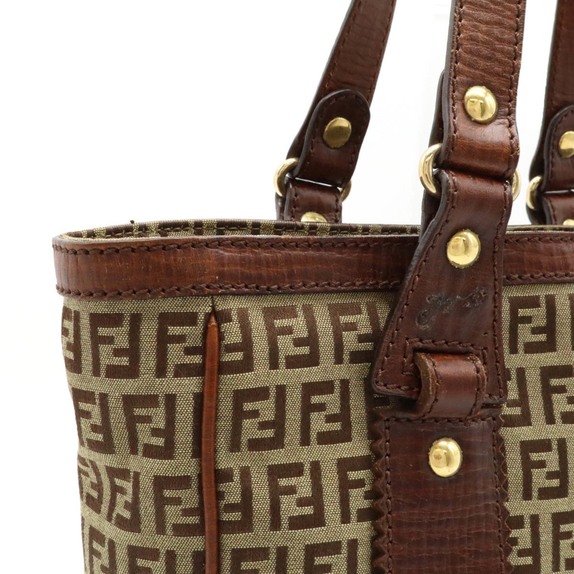 FENDI Zucchino Zucca pattern tote bag shoulder canvas leather beige brown 8BH161