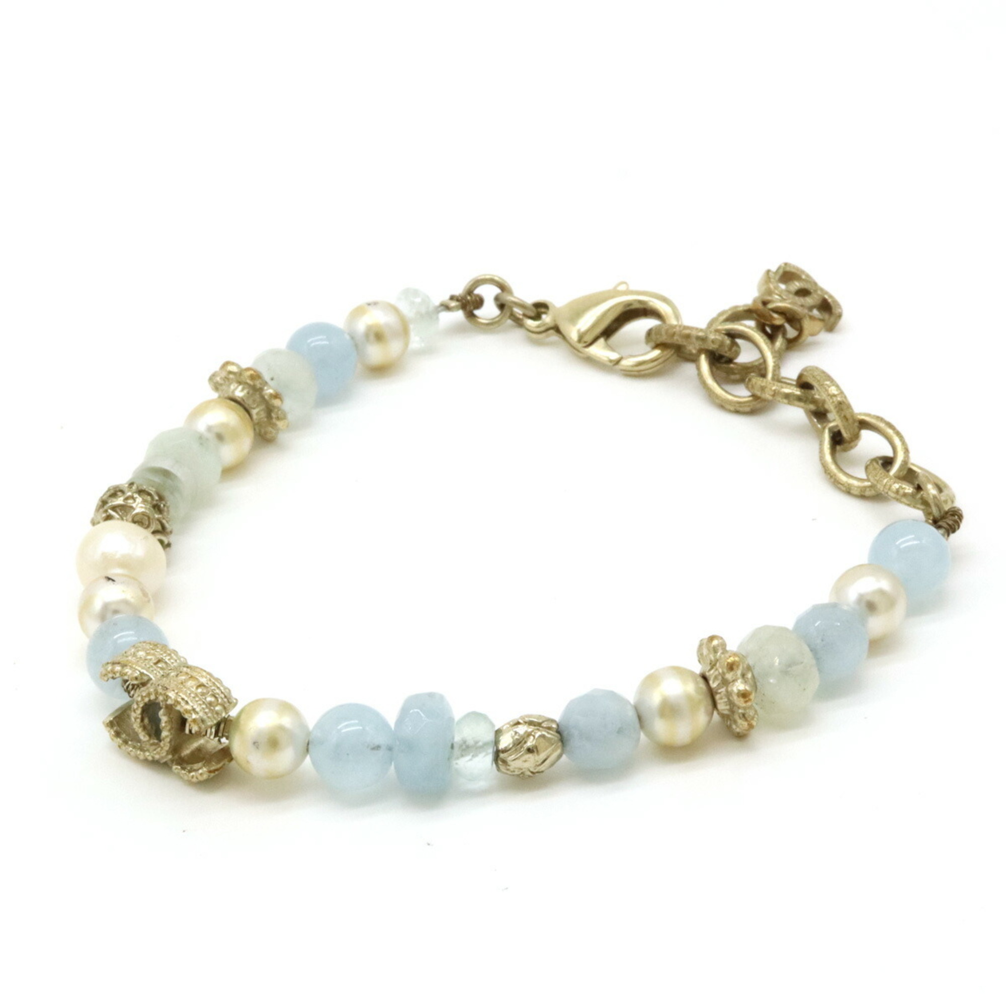 CHANEL Coco Mark Bracelet, Faux Pearl, Stone, GP, Gold Color, Light Blue, A18 C