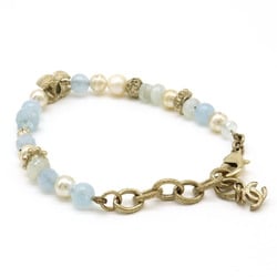 CHANEL Coco Mark Bracelet, Faux Pearl, Stone, GP, Gold Color, Light Blue, A18 C