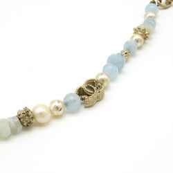 CHANEL Coco Mark Bracelet, Faux Pearl, Stone, GP, Gold Color, Light Blue, A18 C