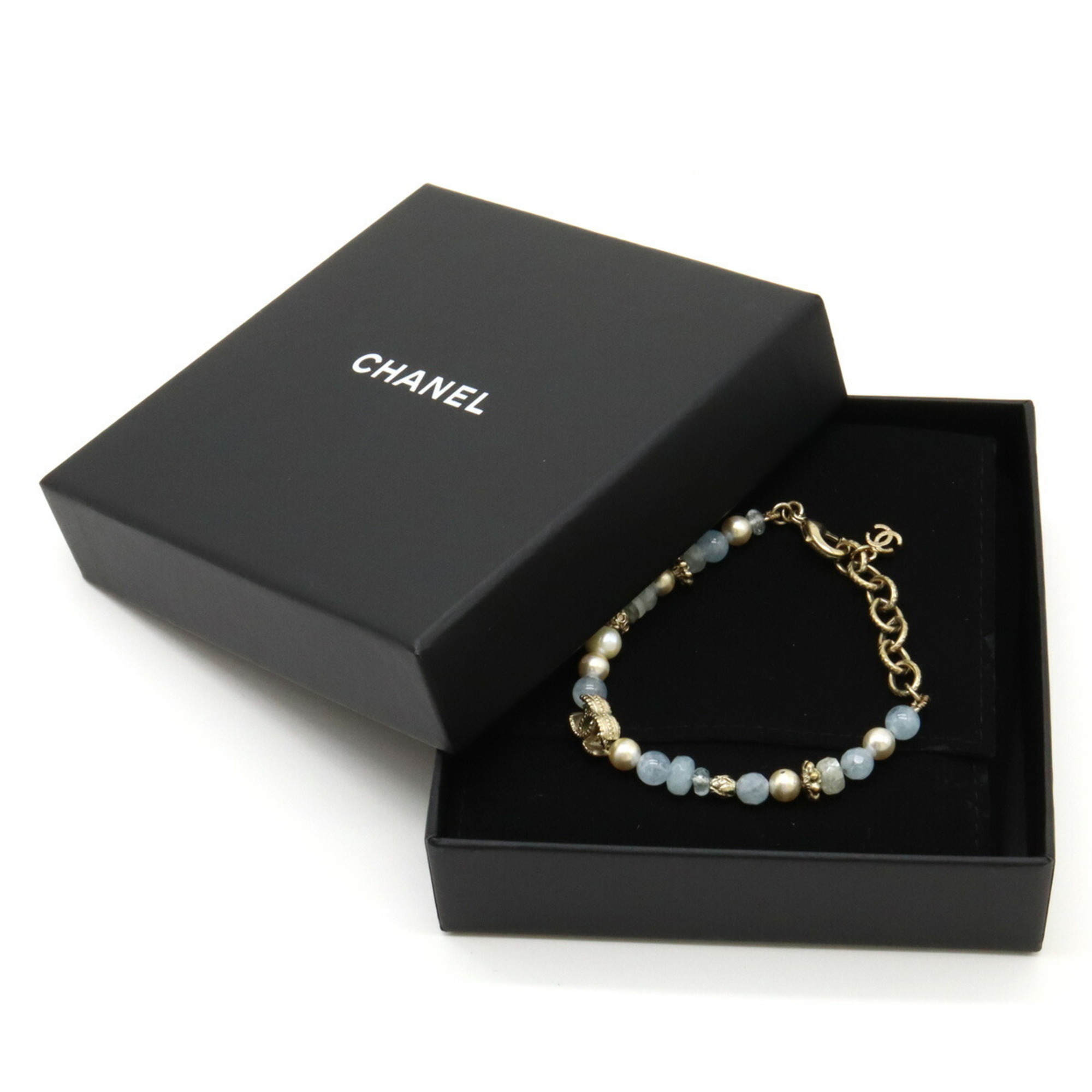 CHANEL Coco Mark Bracelet, Faux Pearl, Stone, GP, Gold Color, Light Blue, A18 C