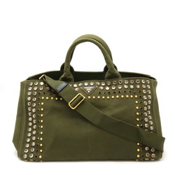 PRADA CANAPA Tote Bag Shoulder Beads Studs Canvas Khaki B18720