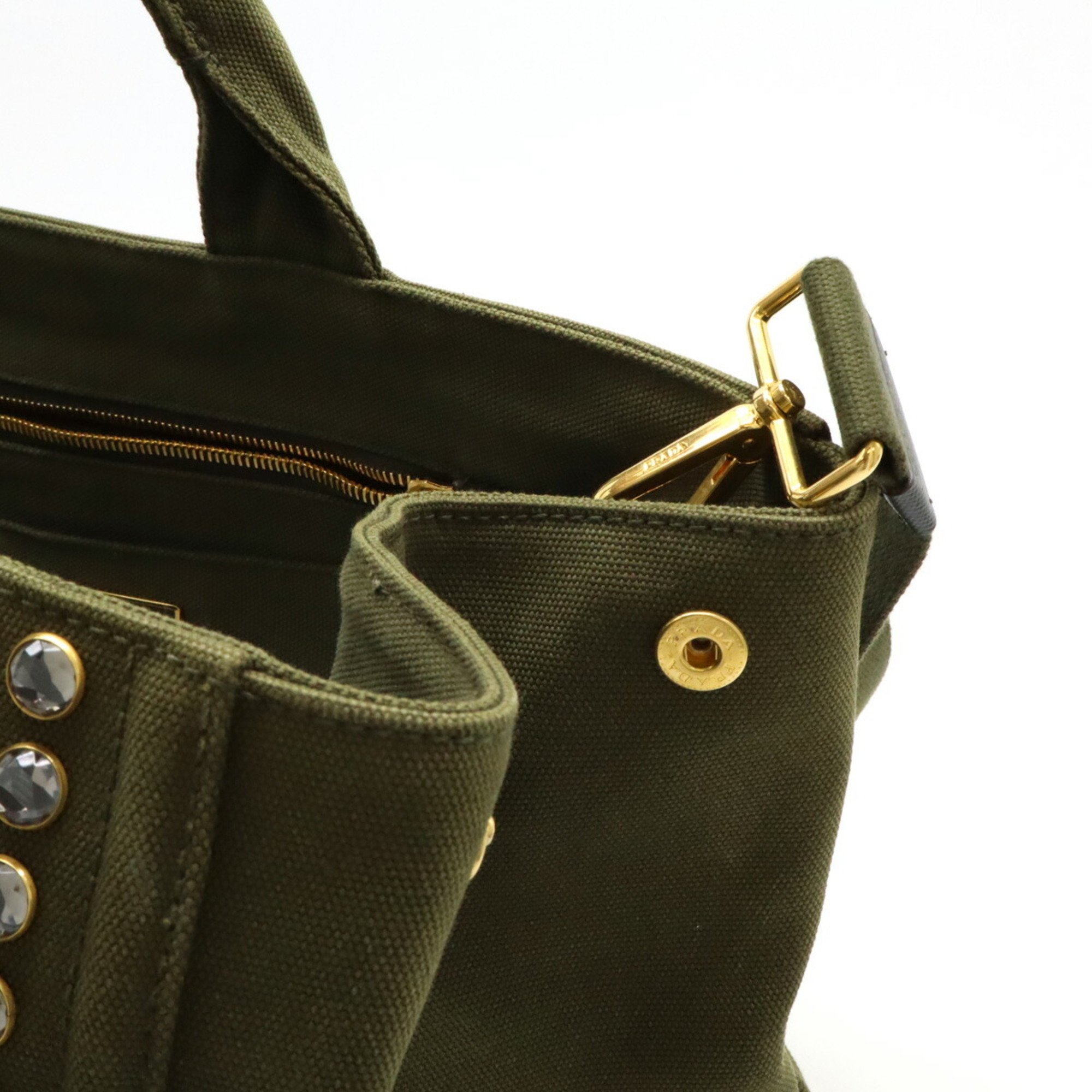 PRADA CANAPA Tote Bag Shoulder Beads Studs Canvas Khaki B18720