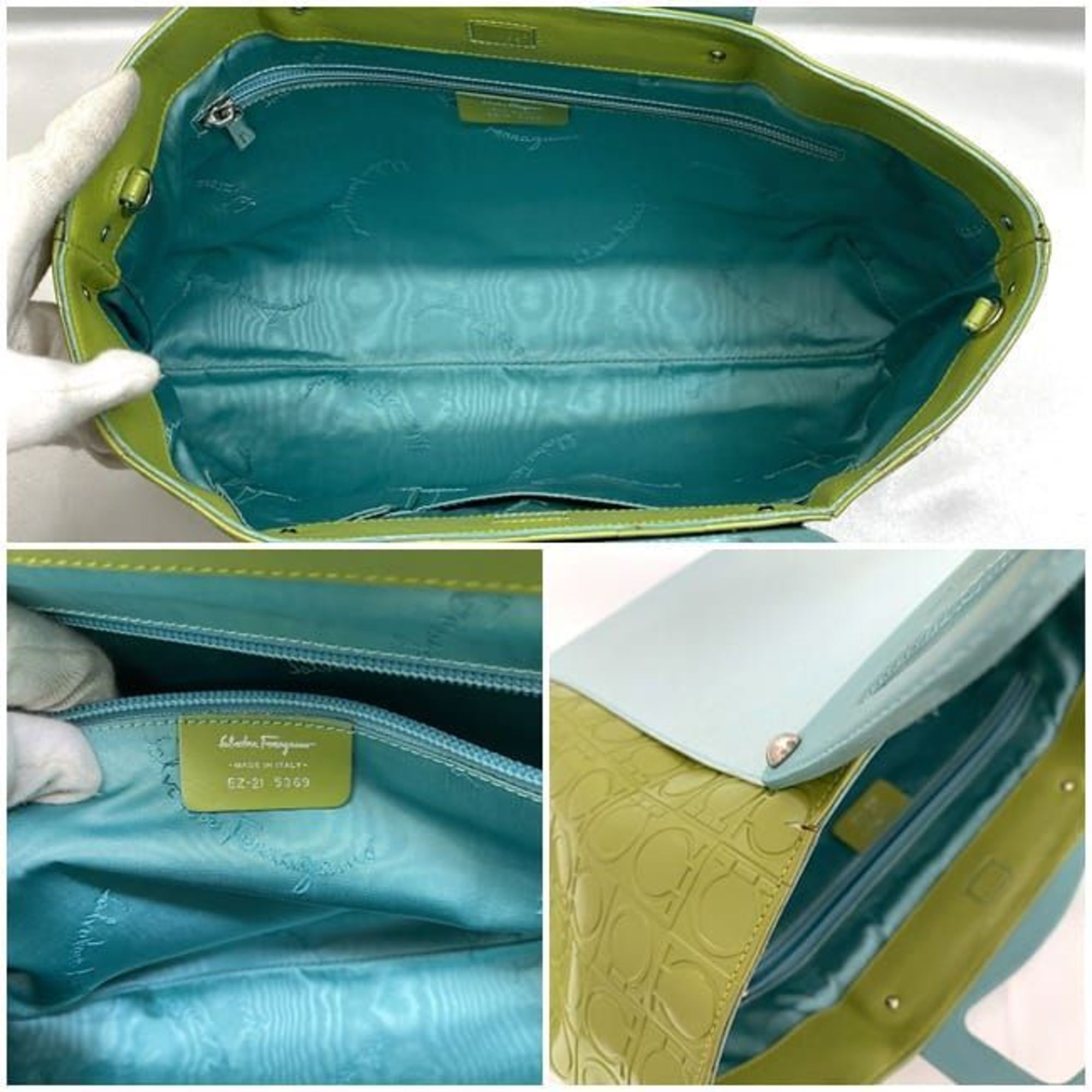 Salvatore Ferragamo 2way bag ec-21453 light blue green Gancini EZ-21 5369 handbag leather bicolor ladies