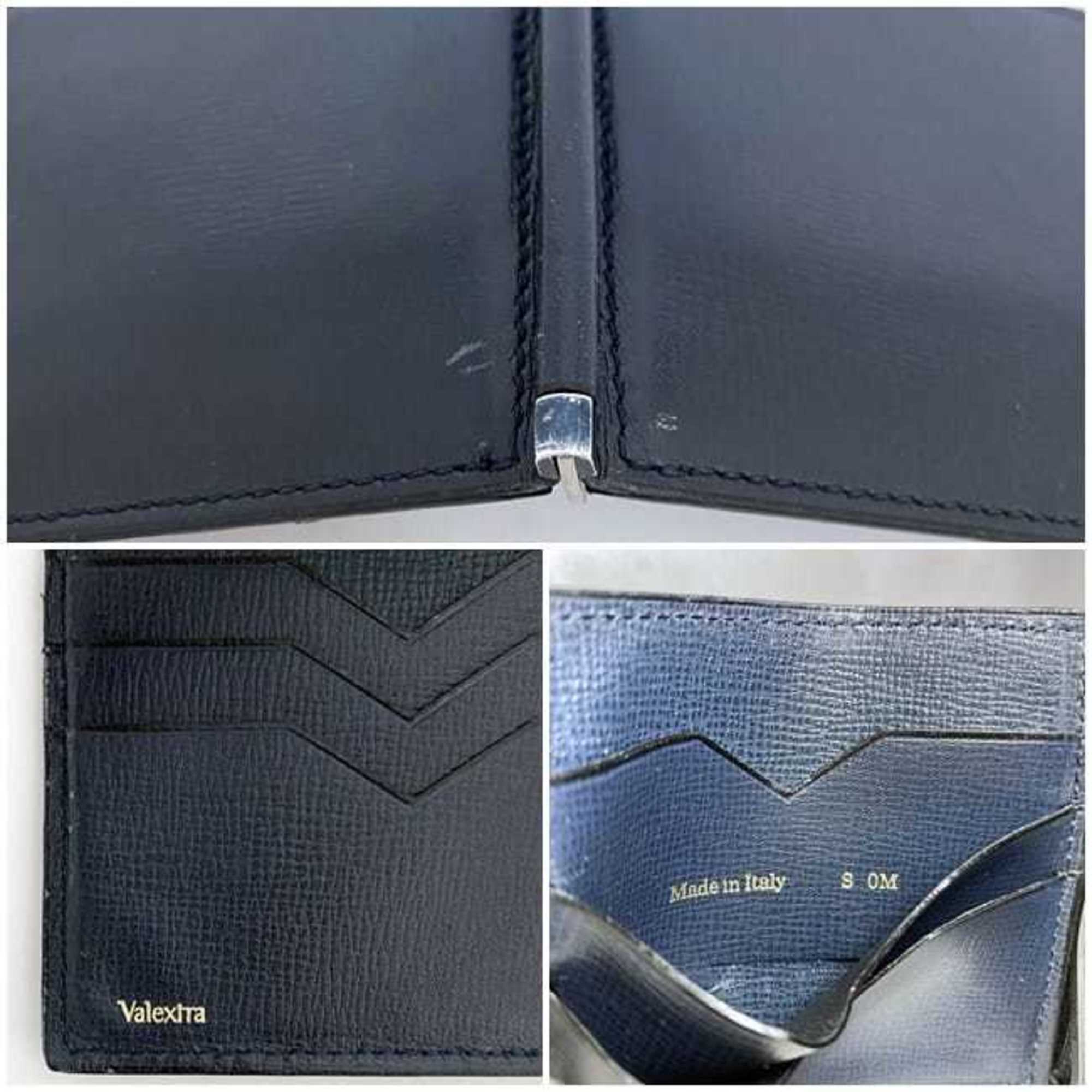 Valextra Wallet Money Clip ec-21114 Navy Billfold Leather S 0M Compact Men's Blue