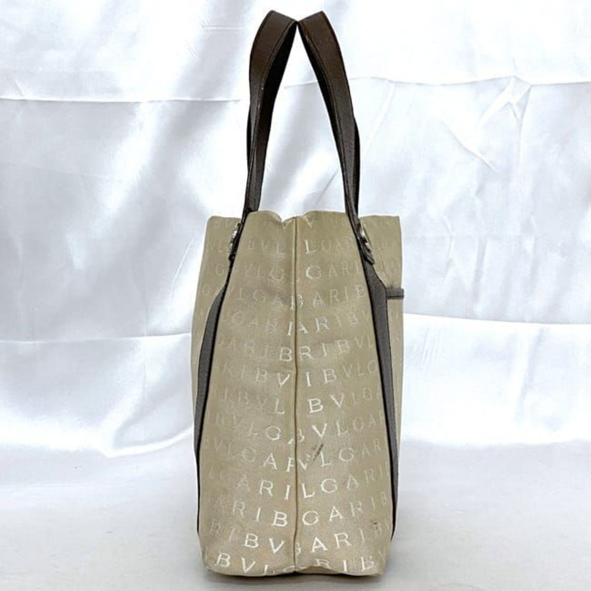 Bvlgari Tote Bag ec-21030 Beige Brown Mania Canvas Leather BVLGARI Embroidery Women's