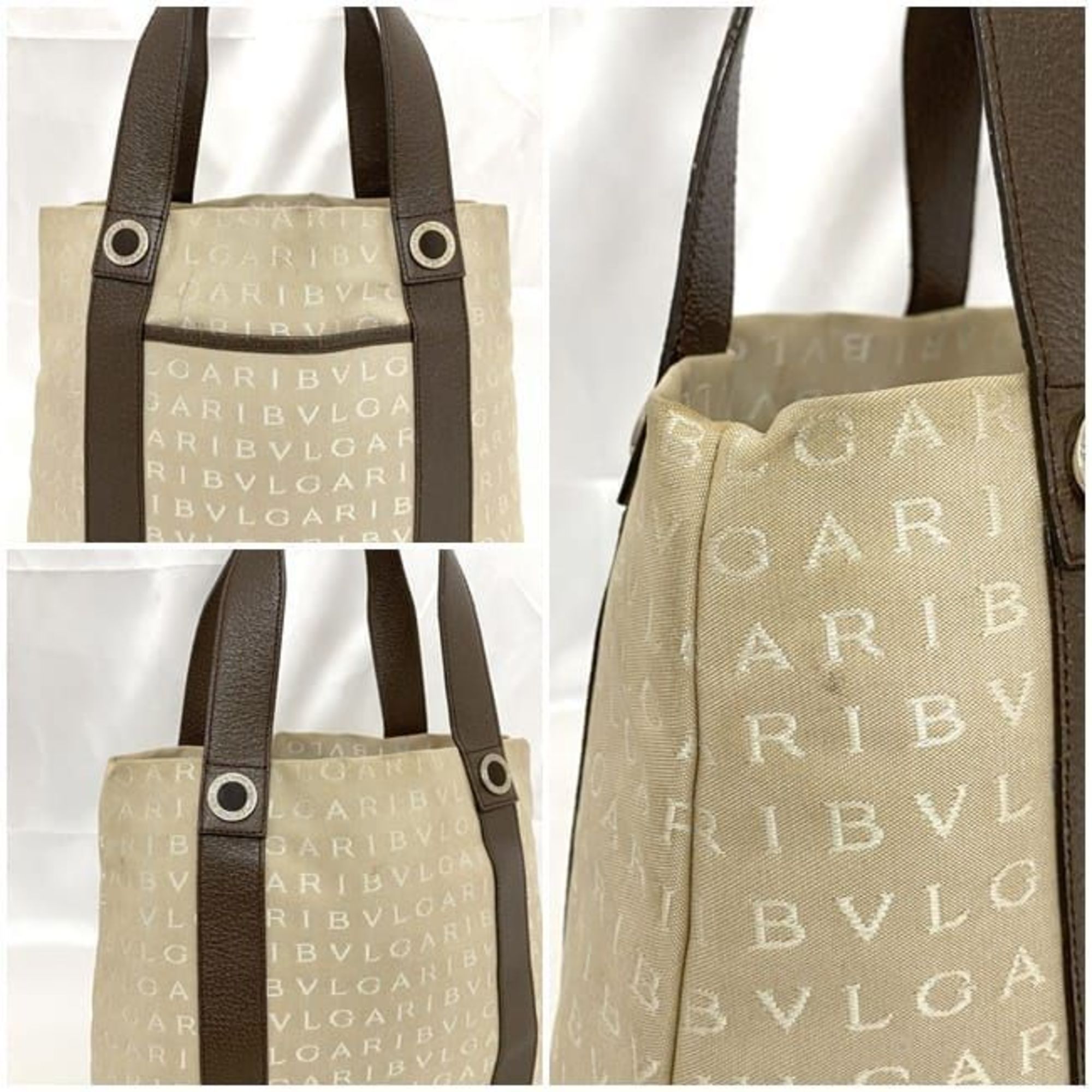 Bvlgari Tote Bag ec-21030 Beige Brown Mania Canvas Leather BVLGARI Embroidery Women's