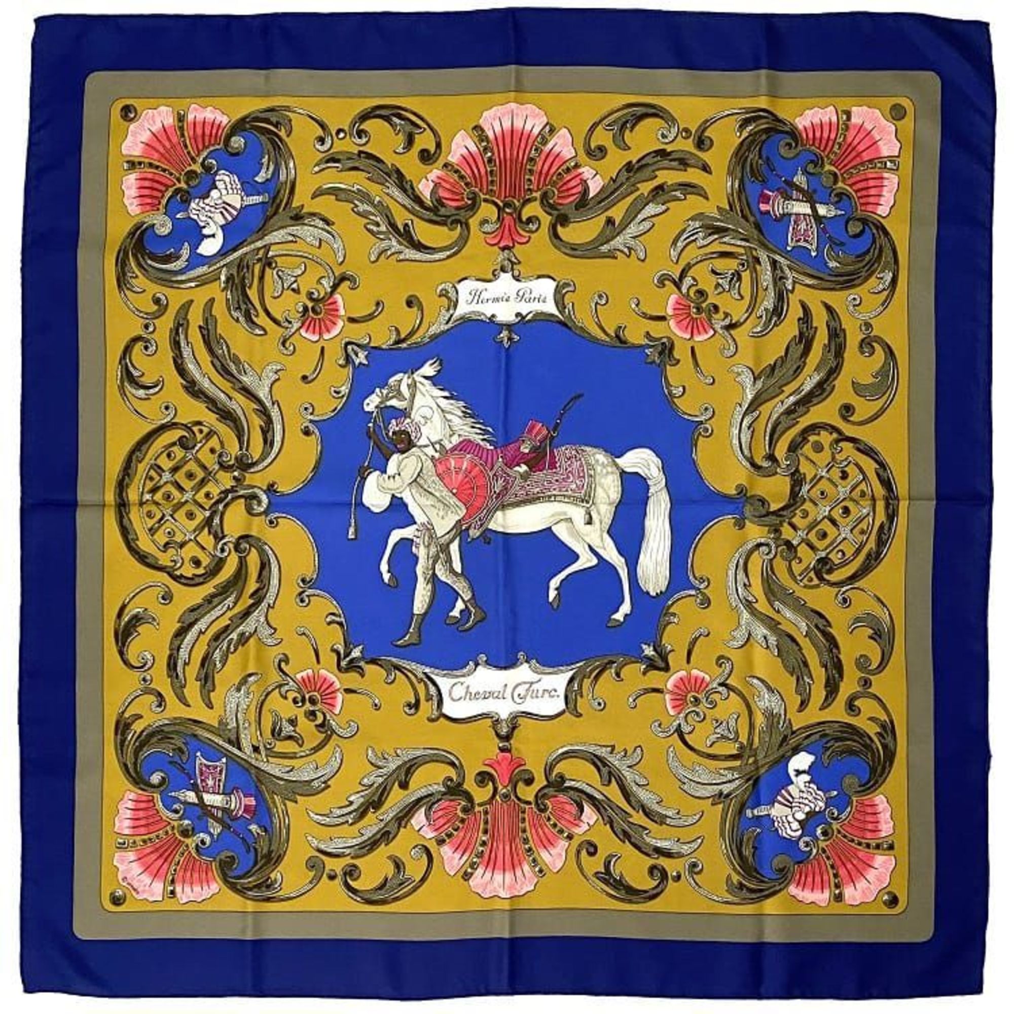 Hermes Scarf Muffler Carre 90 Navy Yellow Gray Turkish Horse 100% Silk HERMES CHEVAL TURC Large Blue Women's