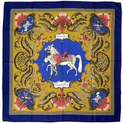 Hermes Scarf Muffler Carre 90 Navy Yellow Gray Turkish Horse 100% Silk HERMES CHEVAL TURC Large Blue Women's