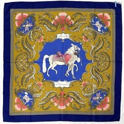 Hermes Scarf Muffler Carre 90 Navy Yellow Gray Turkish Horse 100% Silk HERMES CHEVAL TURC Large Blue Women's