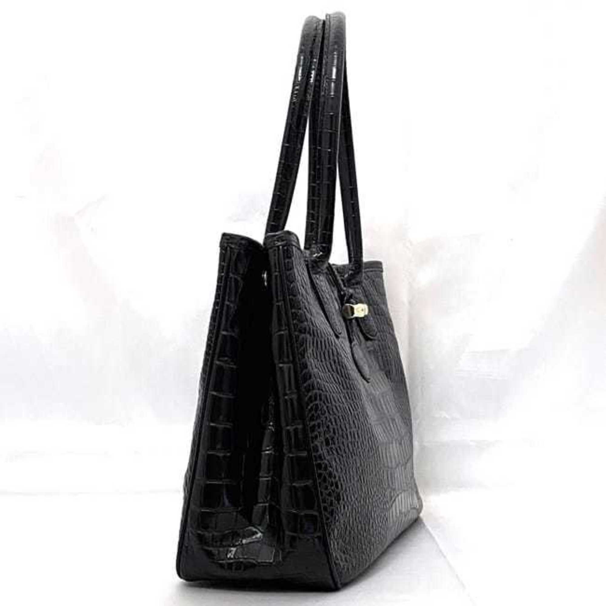 Longchamp Tote Bag ec-21220 Black Leather LONGCHAMP Embossed Women's Retro