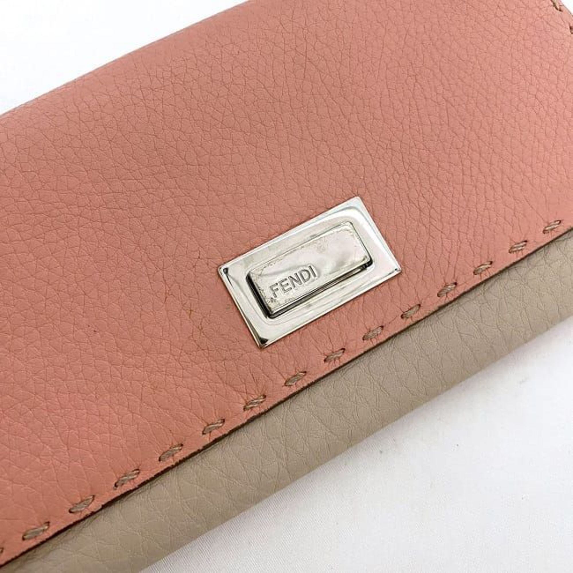 Fendi Bi-fold Long Wallet Pink Beige Selleria 8M0308 Leather FENDI Flap Turnlock Women's