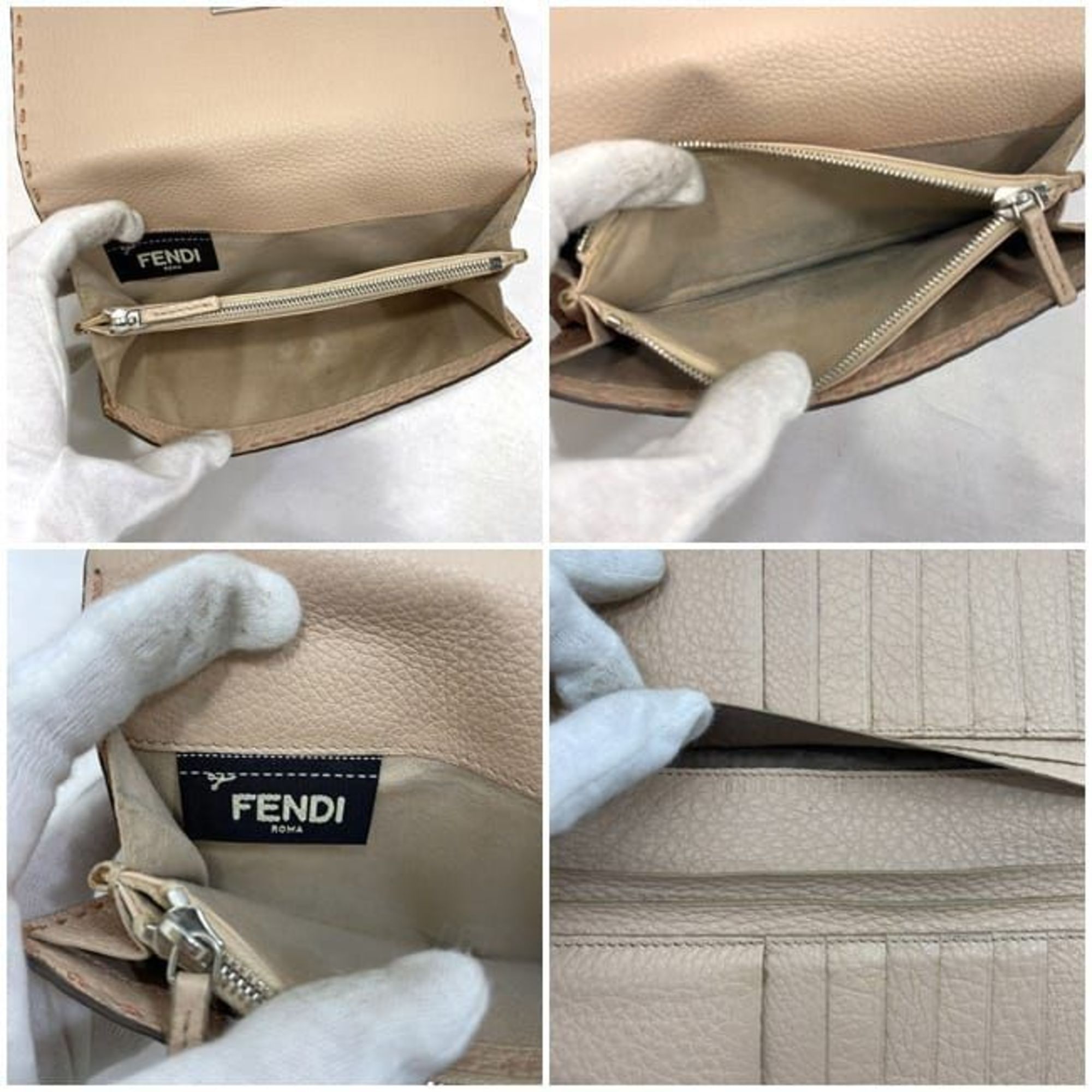 Fendi Bi-fold Long Wallet Pink Beige Selleria 8M0308 Leather FENDI Flap Turnlock Women's